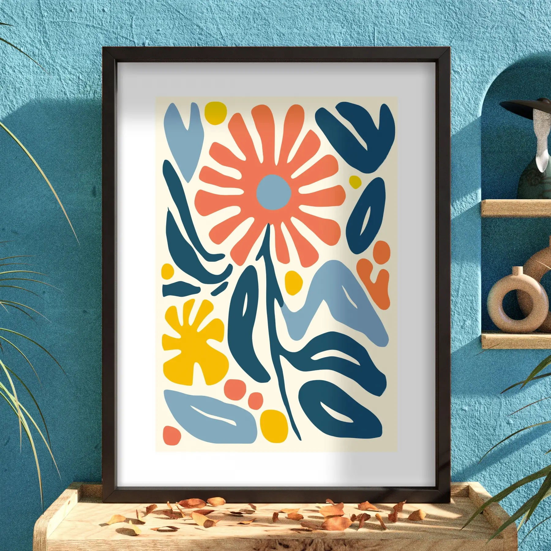 Mercan Mavi Organik Sanat Siyah Ahşap Çerçeveli Tablo Dekoratif Obje Ev Aksesuarları Modern