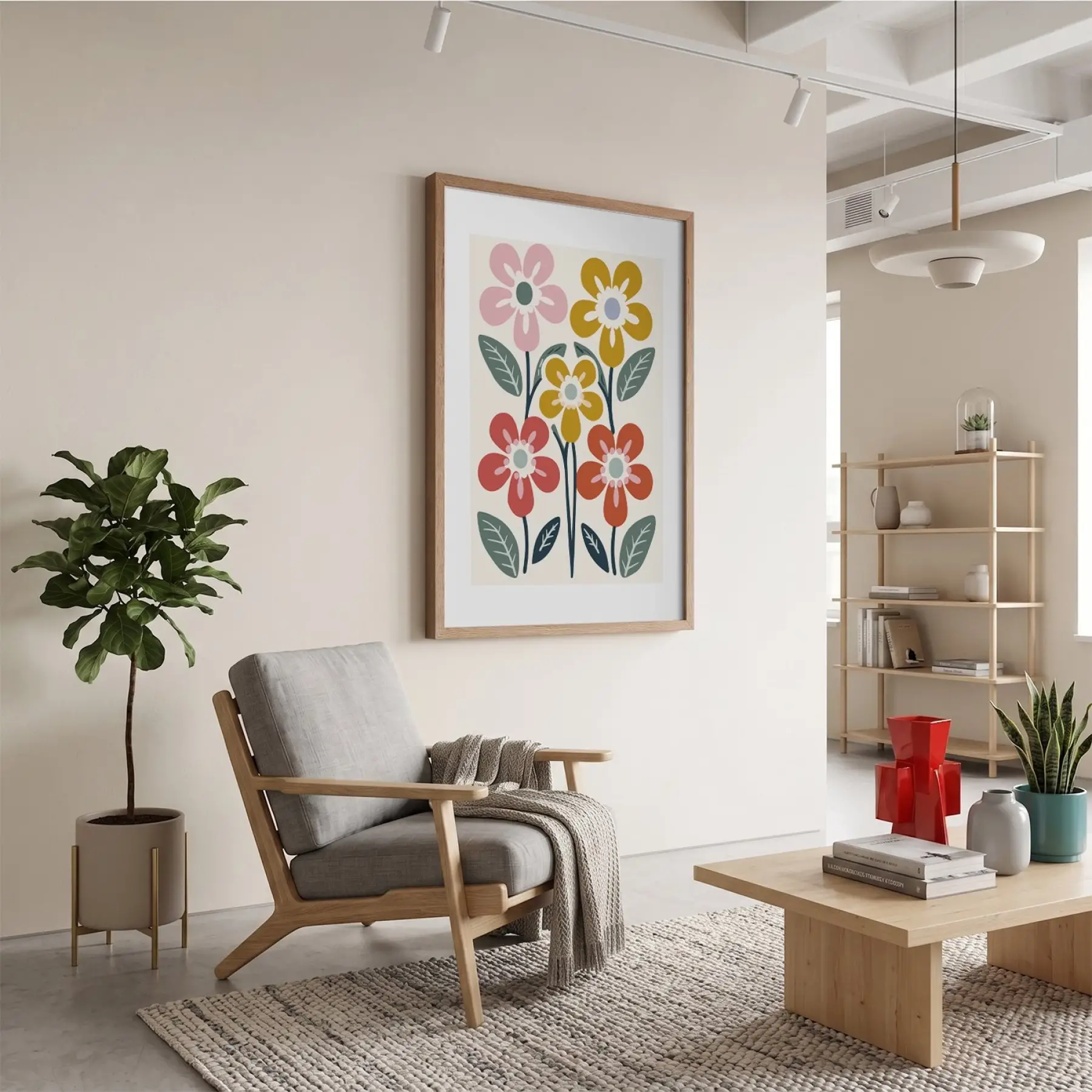 Canlı Renkli Soyut Çiçekler Doğal Ahşap Çerçeveli Tablo Bohem Dekorasyonu Poster Obje Ev