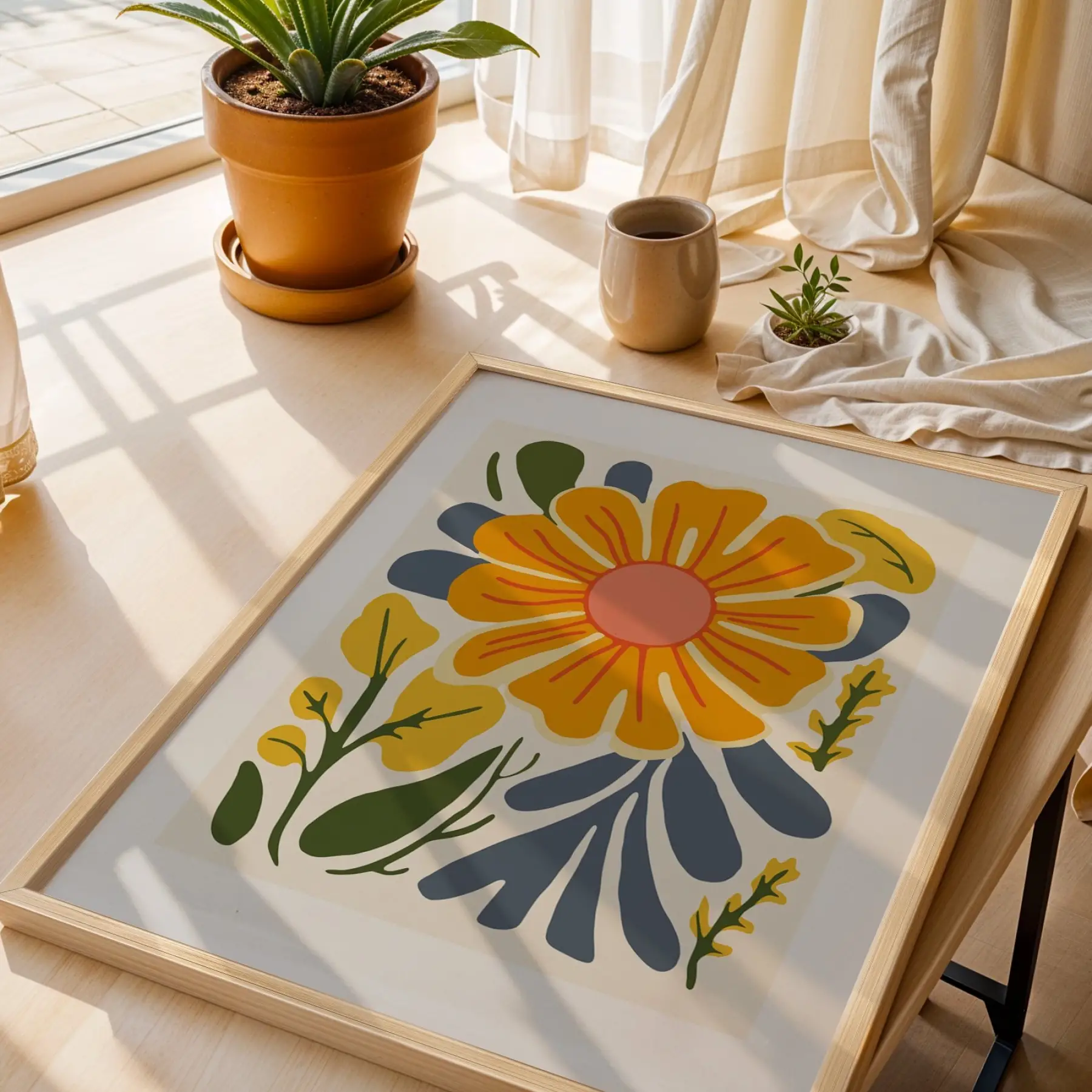 Güneş Çiçeği Soyut Sanat Doğal Ahşap Çerçeveli Tablo Modern İç Mekan Yatak Koridor