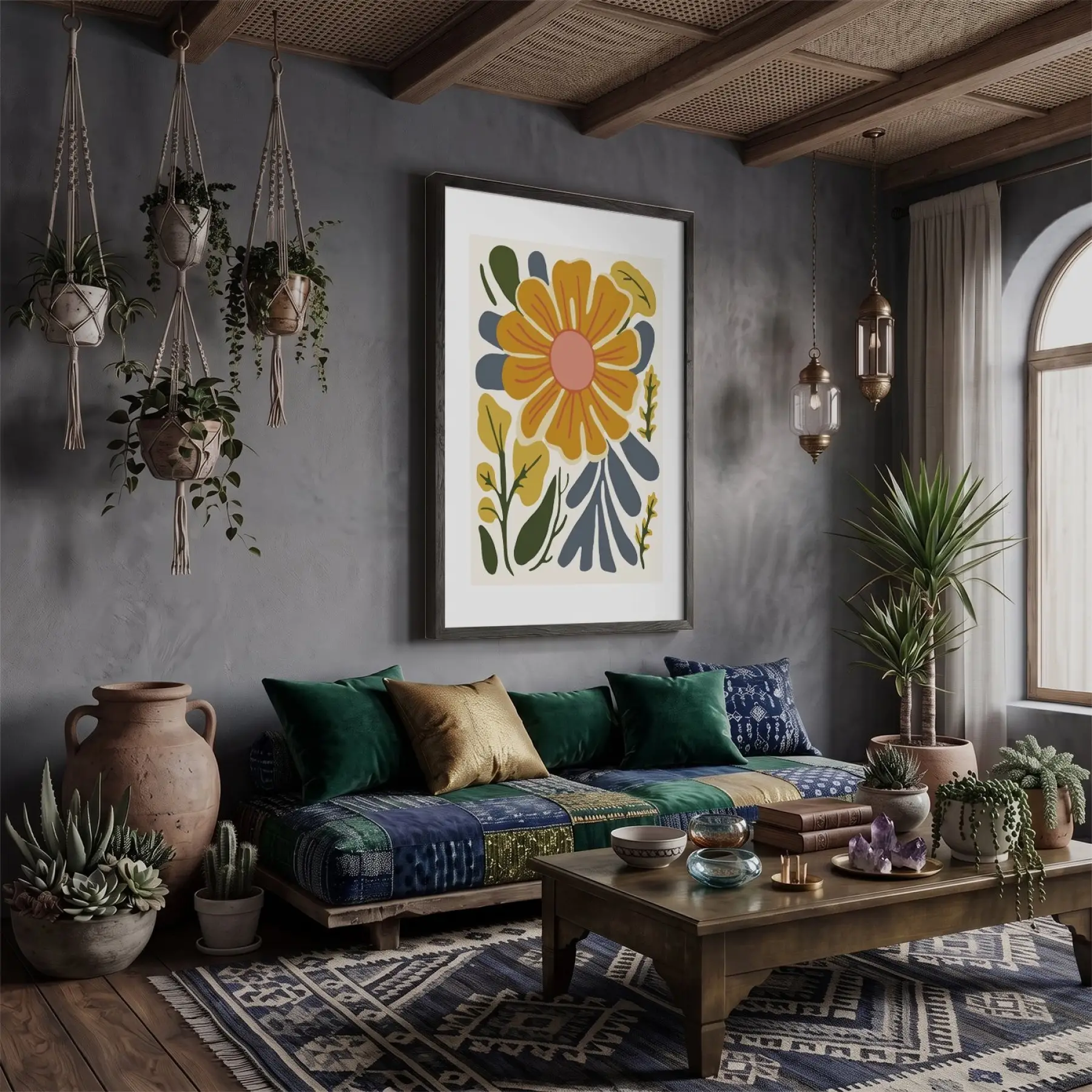 Güneş Çiçeği Soyut Sanat Siyah Ahşap Çerçeveli Tablo Salon Oturma Odası Duvar Dekoru