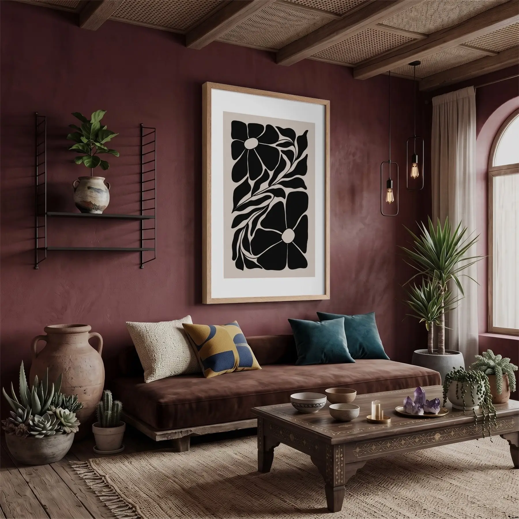 Minimalist Botanik Silüet Doğal Ahşap Çerçeveli Tablo Bohem Dekoratif Obje Ev Aksesuarları Modern