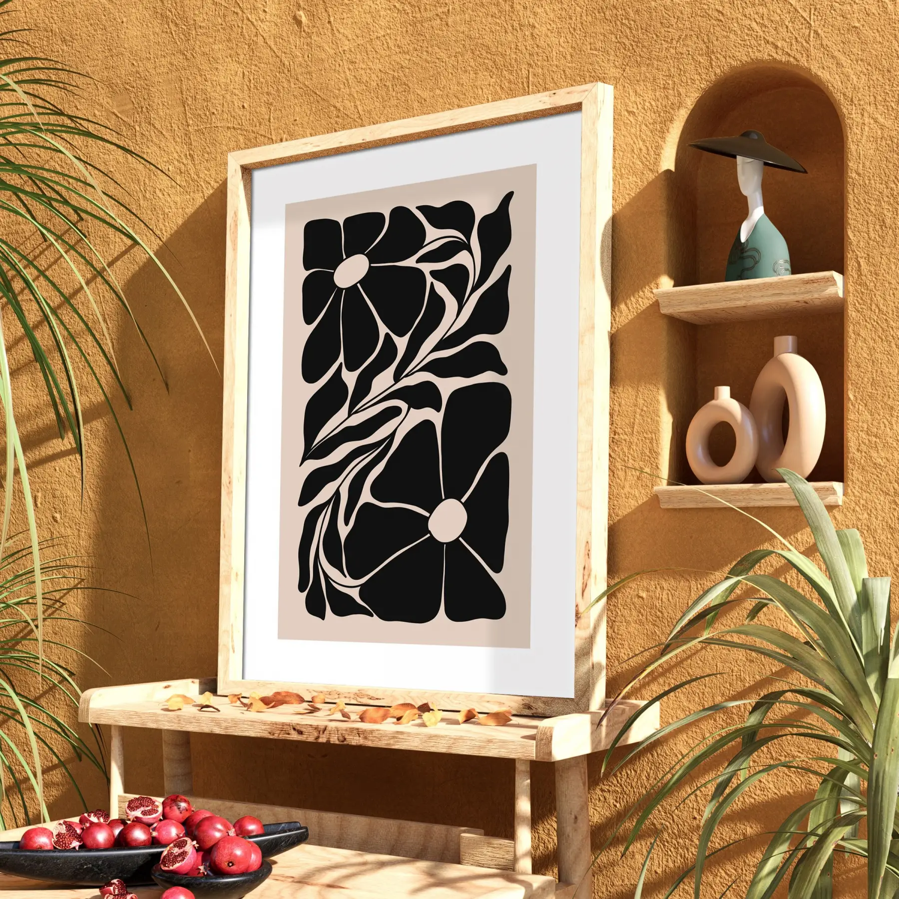 Minimalist Botanik Silüet Doğal Ahşap Çerçeveli Tablo Bohem Dekoratif Obje Ev Aksesuarları Modern