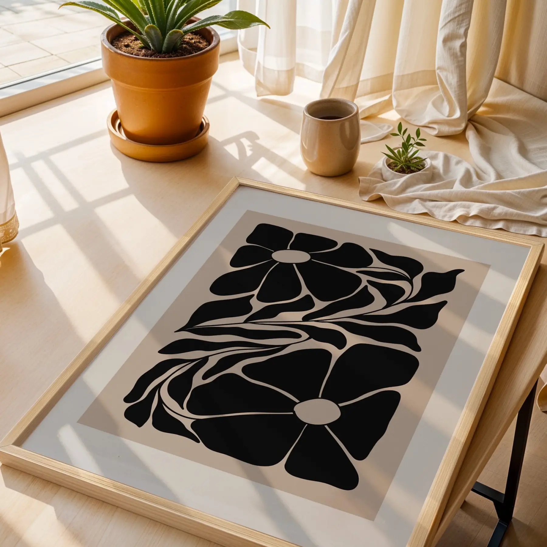 Minimalist Botanik Silüet Doğal Ahşap Çerçeveli Tablo Bohem Dekoratif Obje Ev Aksesuarları Modern