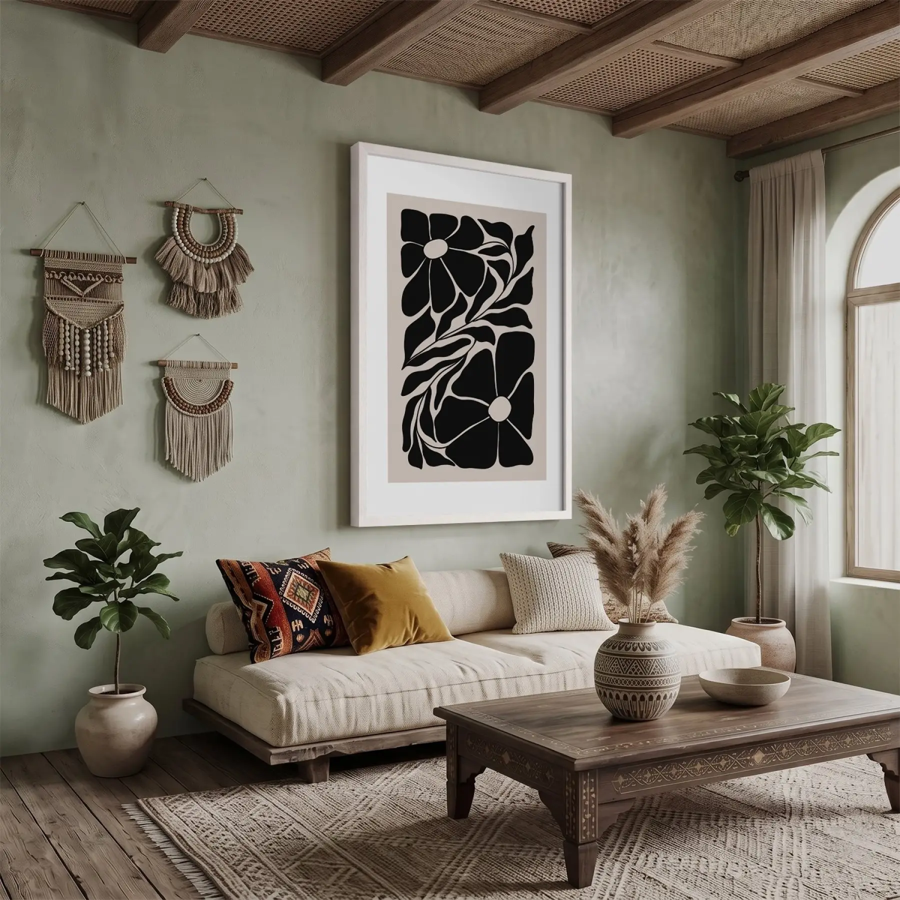 Minimalist Botanik Silüet Beyaz Ahşap Çerçeveli Tablo Bohem Ofis Kanvas Görünümlü Salon Oturma