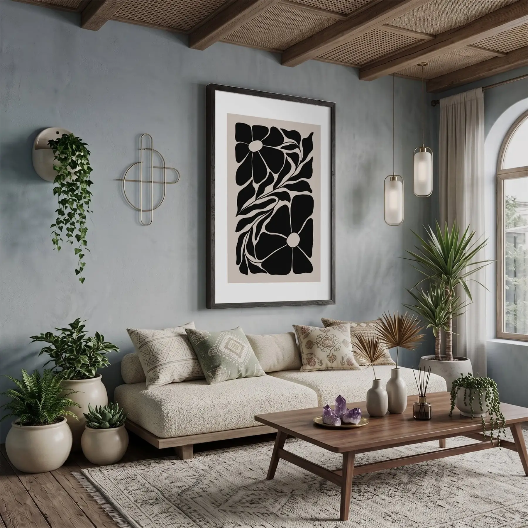 Minimalist Botanik Silüet Siyah Ahşap Çerçeveli Tablo Bohem Mekan Yatak Koridor Ofis Kanvas