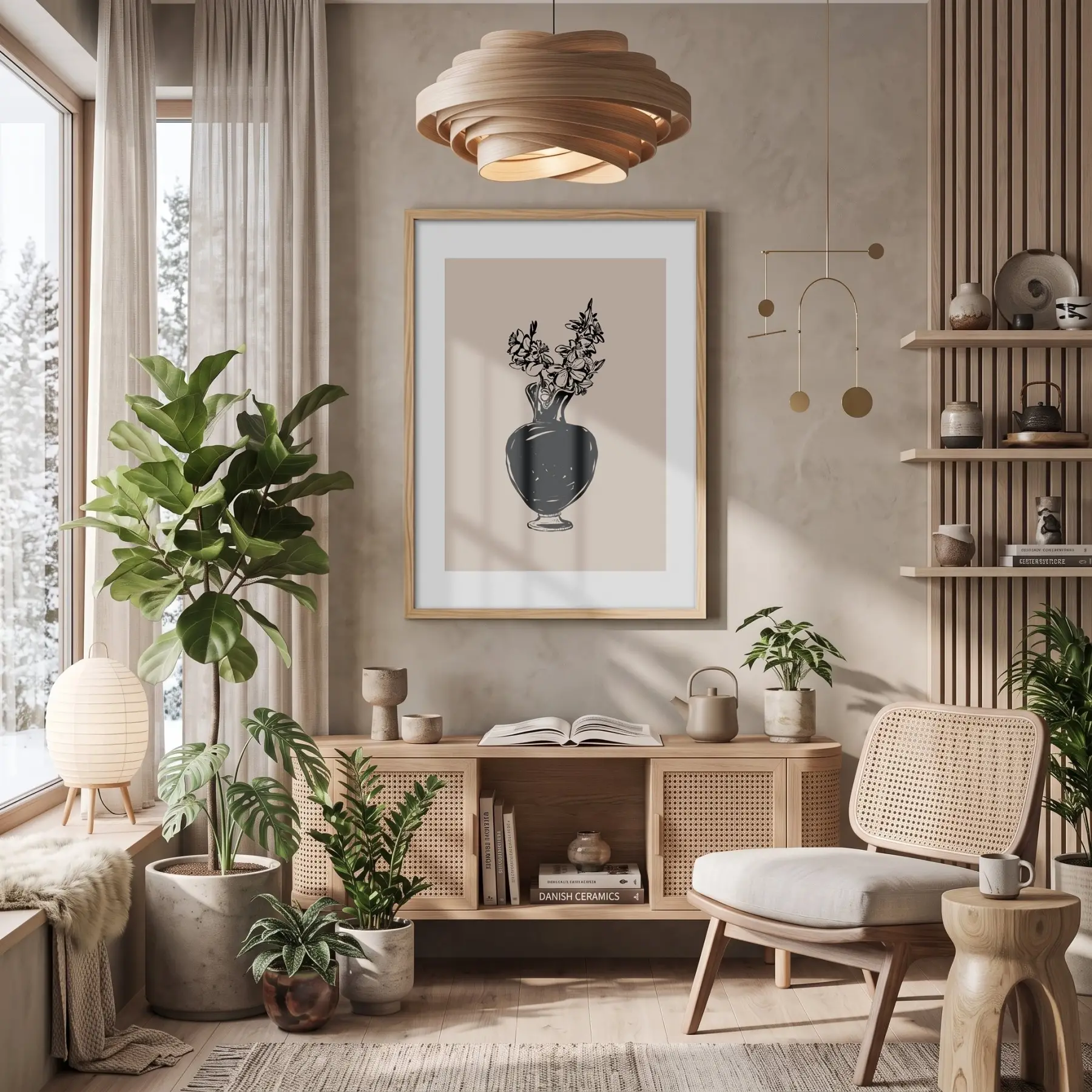 Minimalist Vazo Çiçekler Doğal Ahşap Çerçeveli Tablo Bohem Dekorasyonu Poster Obje Ev Aksesuarları