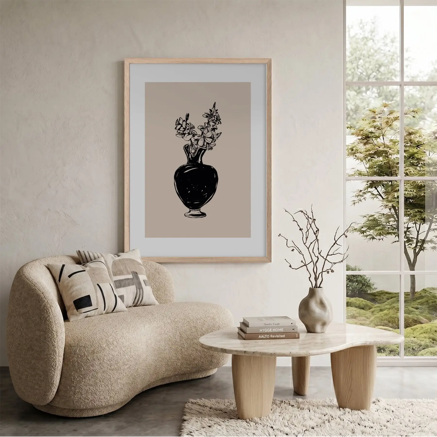 Minimalist Vazo Çiçekler Doğal Ahşap Çerçeveli Tablo Bohem Dekorasyonu Poster Obje Ev Aksesuarları