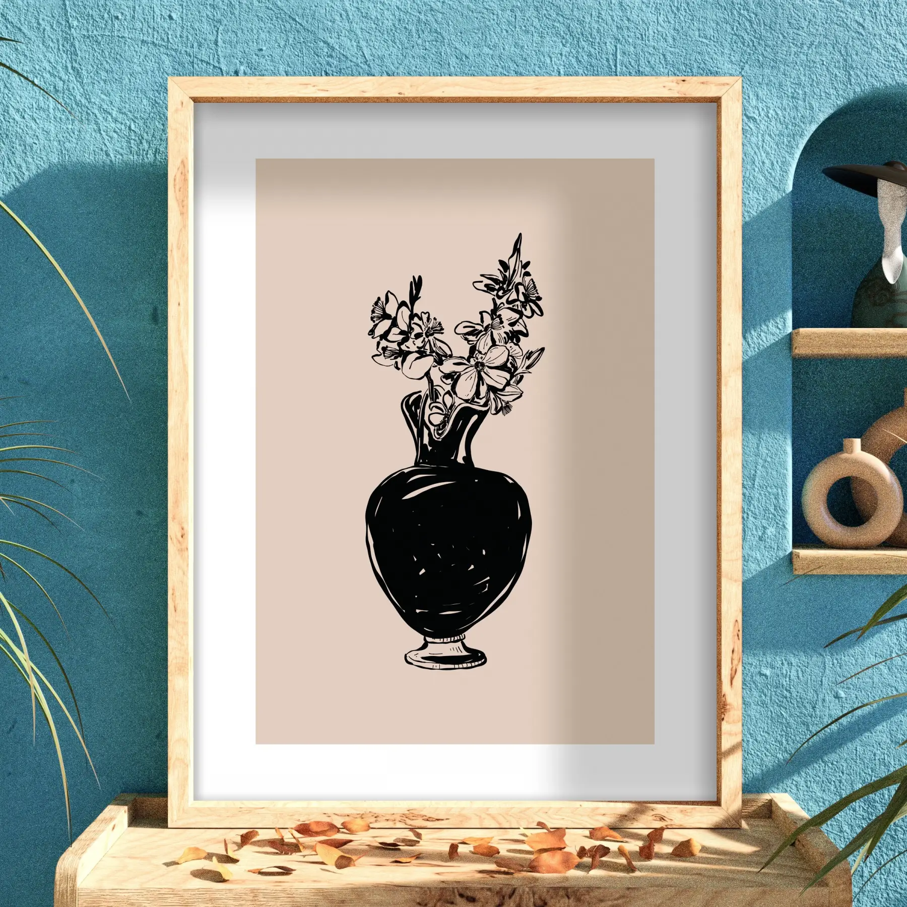 Minimalist Vazo Çiçekler Doğal Ahşap Çerçeveli Tablo Bohem Dekorasyonu Poster Obje Ev Aksesuarları