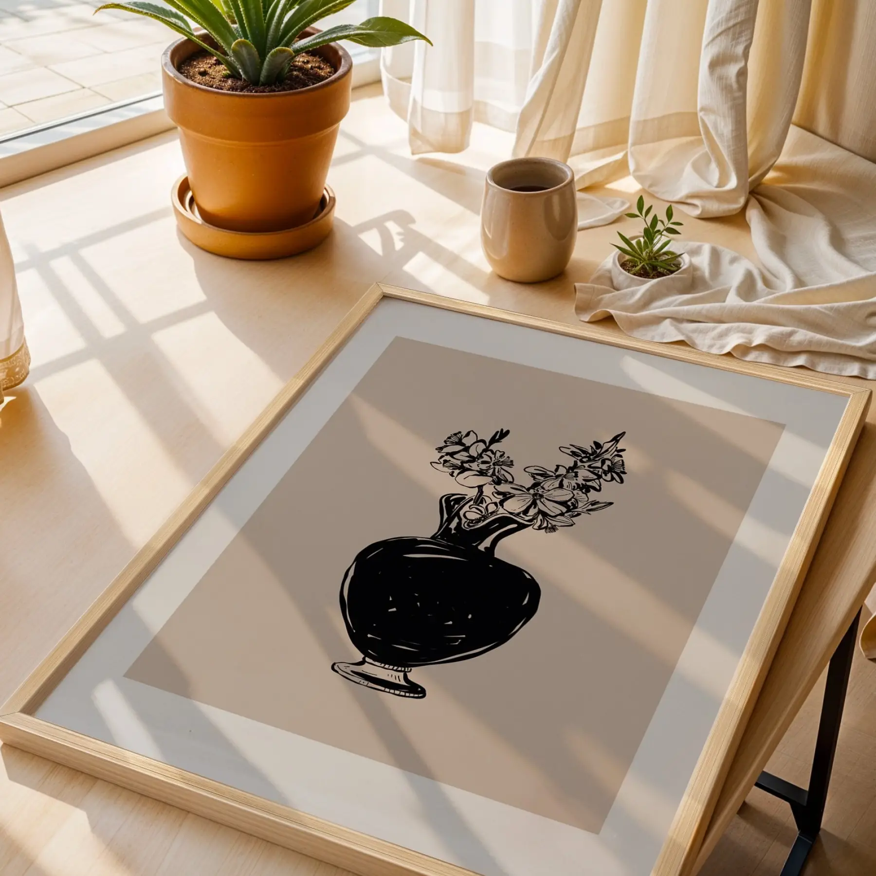 Minimalist Vazo Çiçekler Doğal Ahşap Çerçeveli Tablo Bohem Dekorasyonu Poster Obje Ev Aksesuarları
