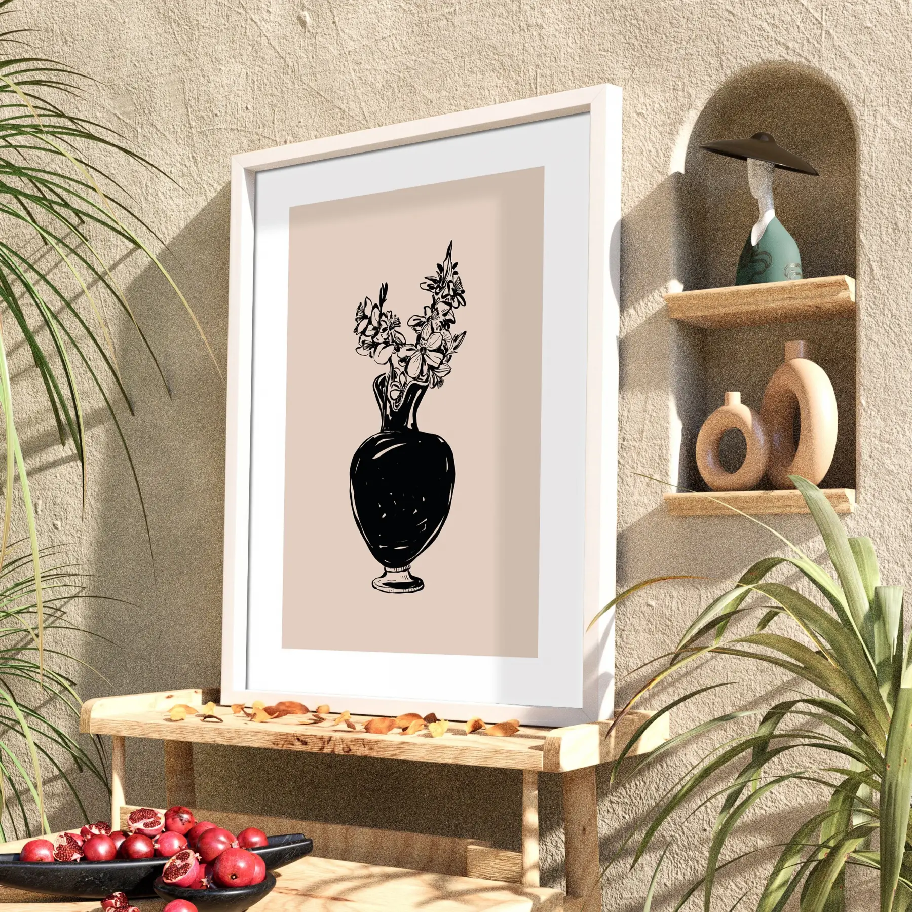 Minimalist Vazo Çiçekler Beyaz Ahşap Çerçeveli Tablo Bohem Modern Sanat İç Mekan Yatak