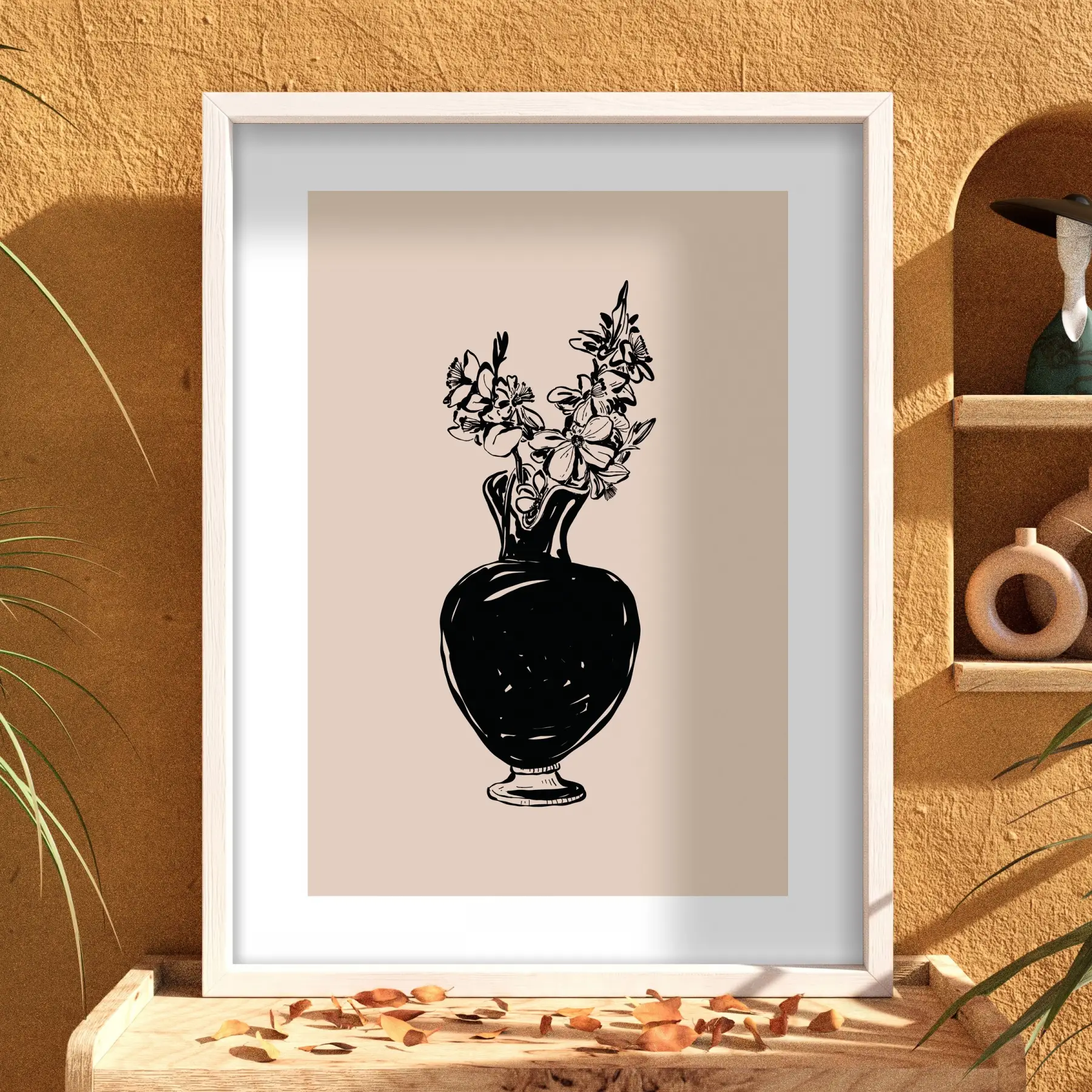 Minimalist Vazo Çiçekler Beyaz Ahşap Çerçeveli Tablo Bohem Modern Sanat İç Mekan Yatak