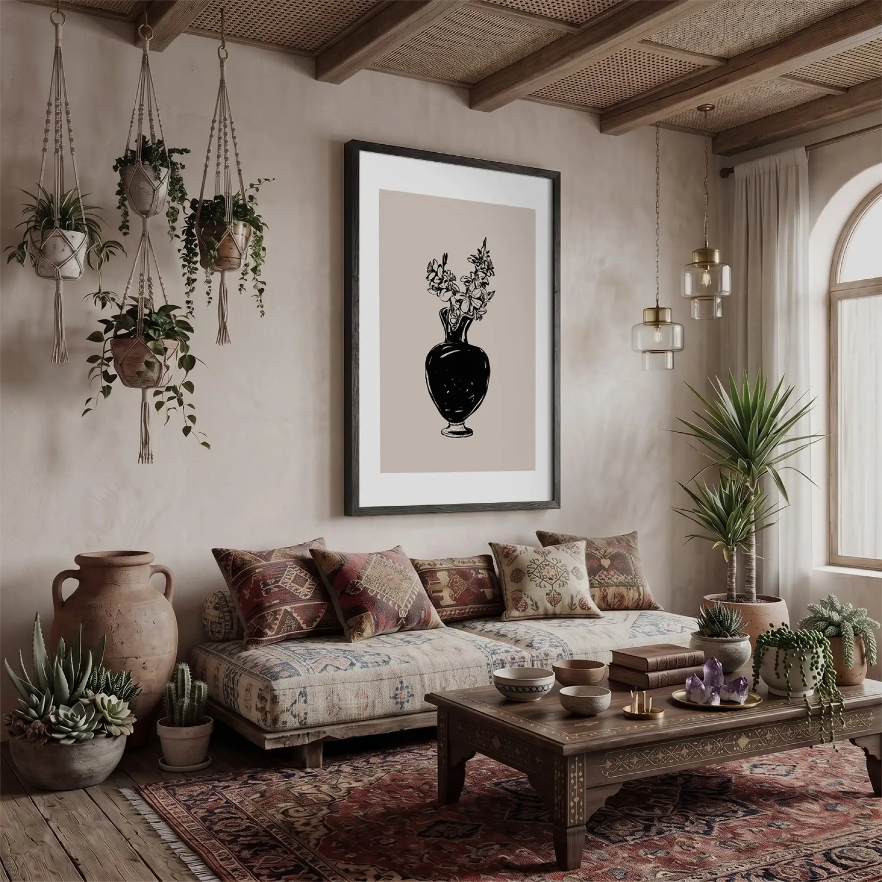 Minimalist Vazo Çiçekler Siyah Ahşap Çerçeveli Tablo Bohem Oturma Odası Duvar Dekoru Poster