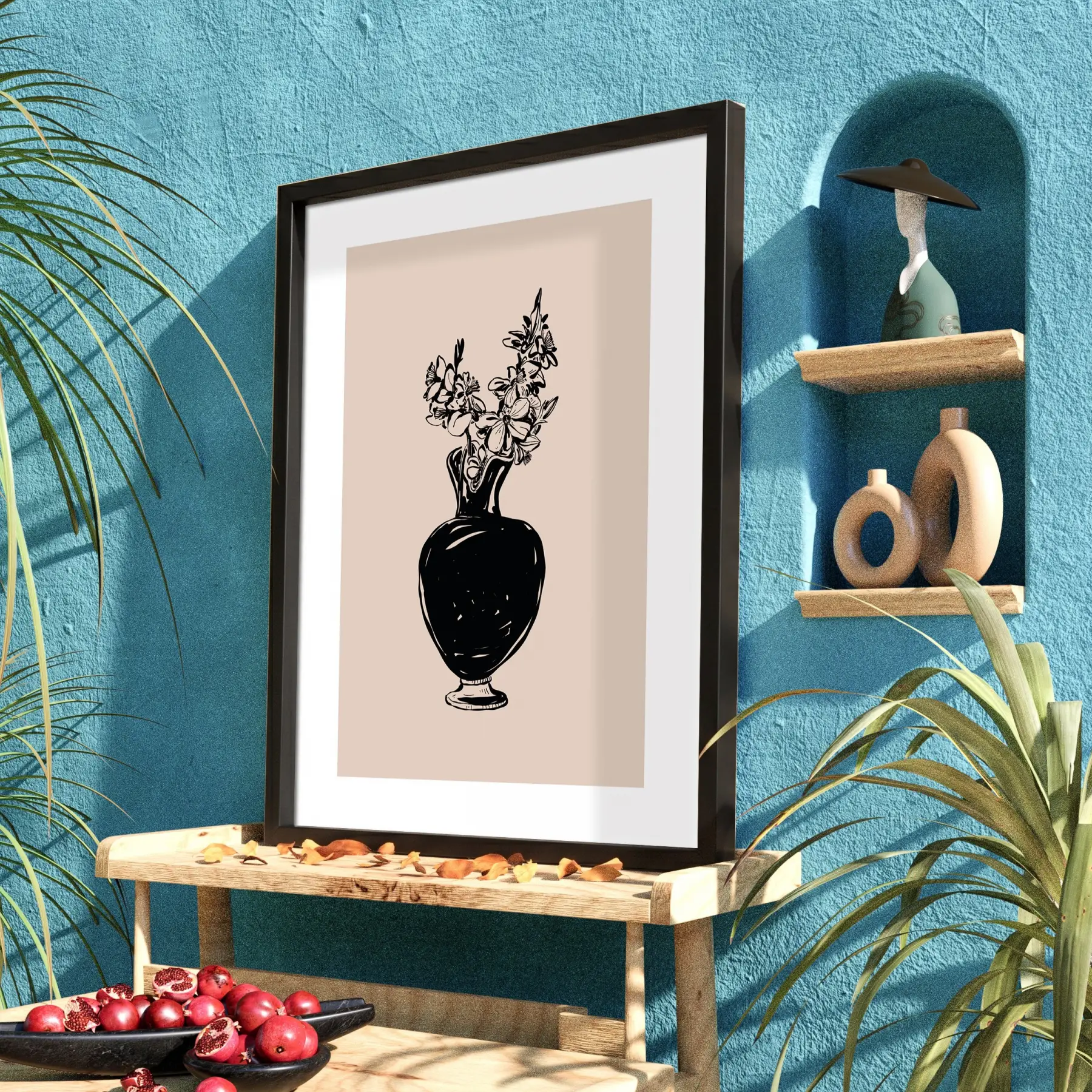 Minimalist Vazo Çiçekler Siyah Ahşap Çerçeveli Tablo Bohem Oturma Odası Duvar Dekoru Poster