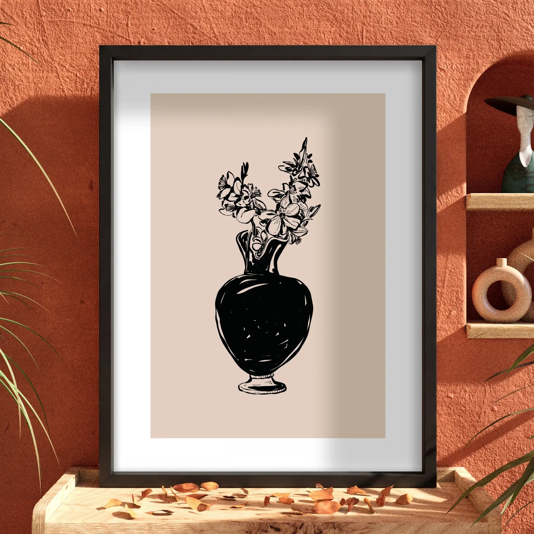 Minimalist Vazo Çiçekler Siyah Ahşap Çerçeveli Tablo Bohem Oturma Odası Duvar Dekoru Poster