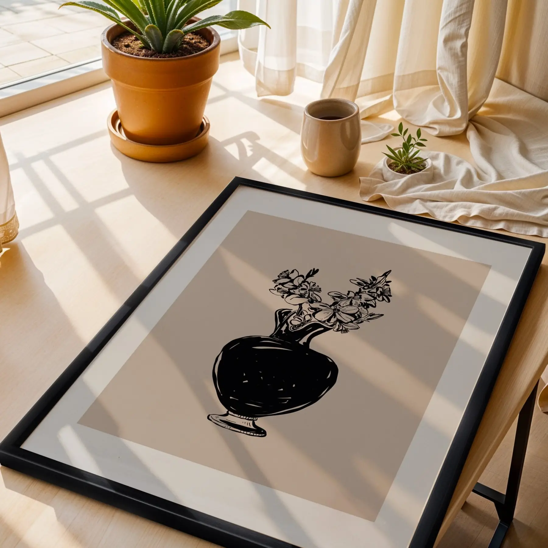 Minimalist Vazo Çiçekler Siyah Ahşap Çerçeveli Tablo Bohem Oturma Odası Duvar Dekoru Poster