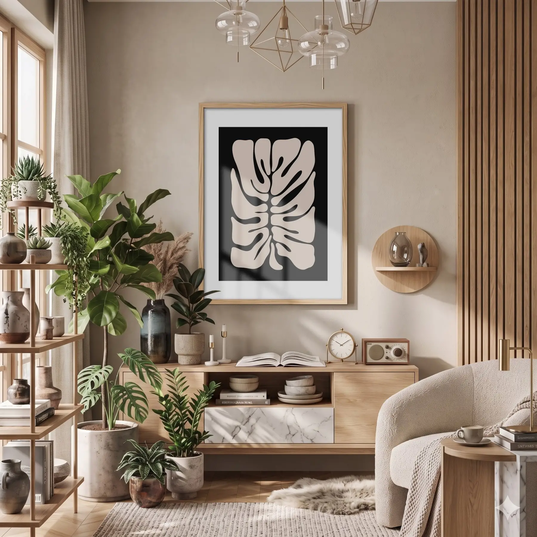 Soyut Monstera Yaprak Sanatı Doğal Ahşap Çerçeveli Tablo Dekorasyonu Poster Obje Ev Aksesuarları