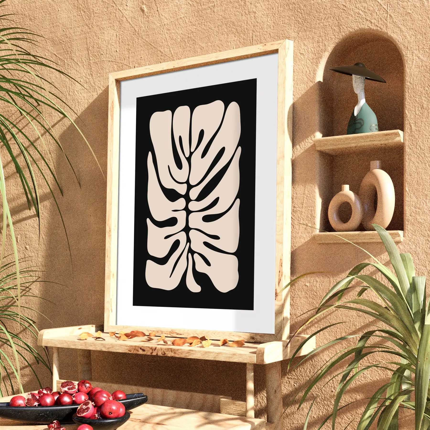 Soyut Monstera Yaprak Sanatı Doğal Ahşap Çerçeveli Tablo Dekorasyonu Poster Obje Ev Aksesuarları
