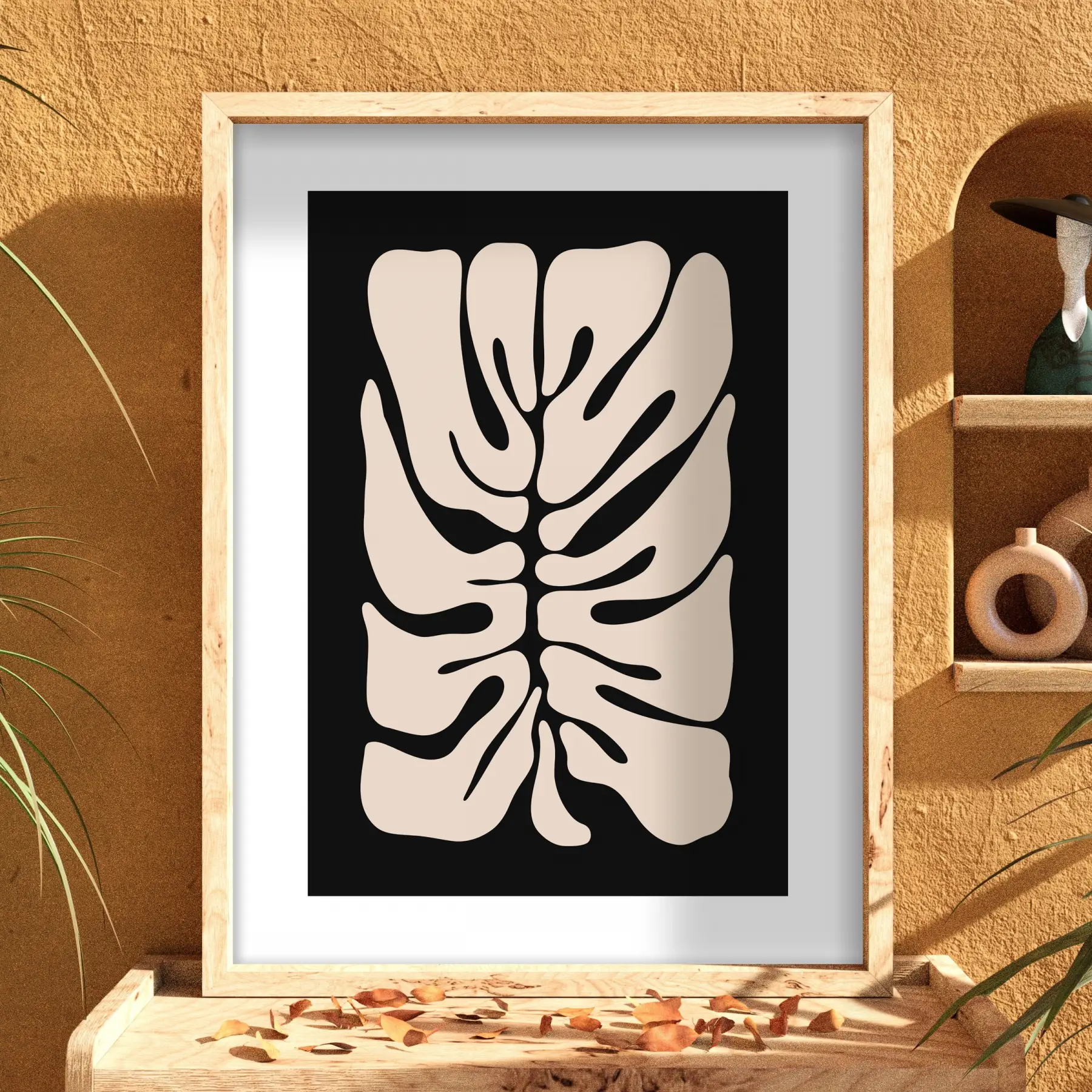 Soyut Monstera Yaprak Sanatı Doğal Ahşap Çerçeveli Tablo Dekorasyonu Poster Obje Ev Aksesuarları