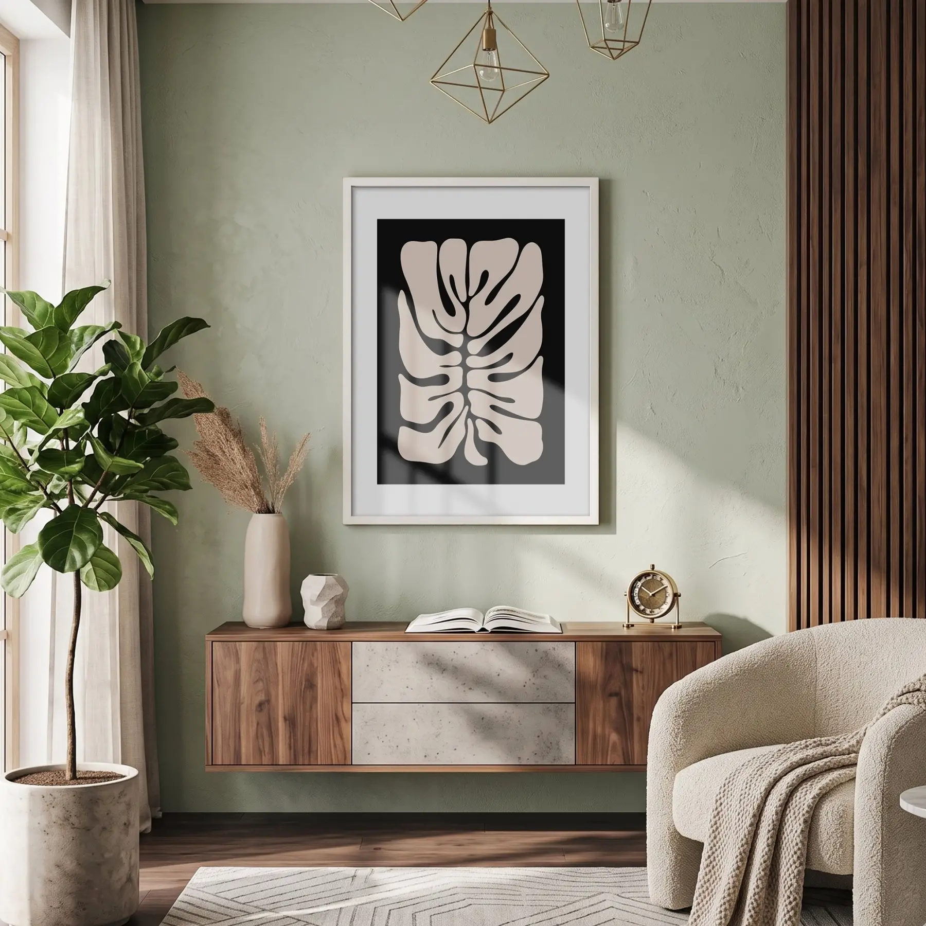 Soyut Monstera Yaprak Sanatı Beyaz Ahşap Çerçeveli Tablo Ofis Kanvas Görünümlü Salon Oturma
