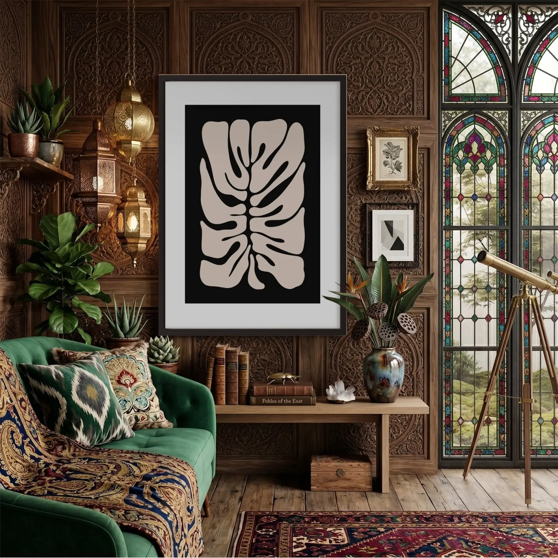 Soyut Monstera Yaprak Sanatı Siyah Ahşap Çerçeveli Tablo Duvar Dekoru Poster Obje Ev
