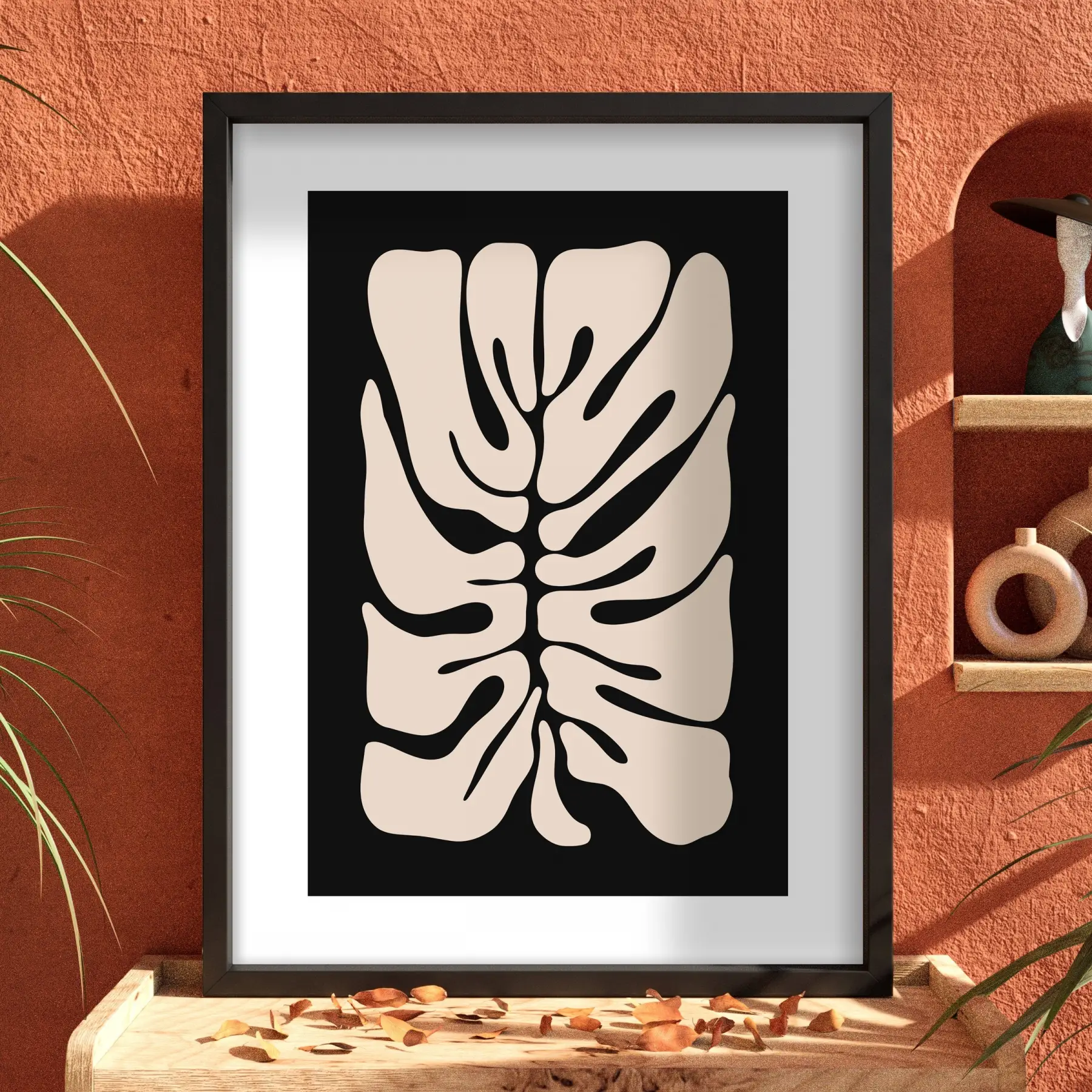 Soyut Monstera Yaprak Sanatı Siyah Ahşap Çerçeveli Tablo Duvar Dekoru Poster Obje Ev