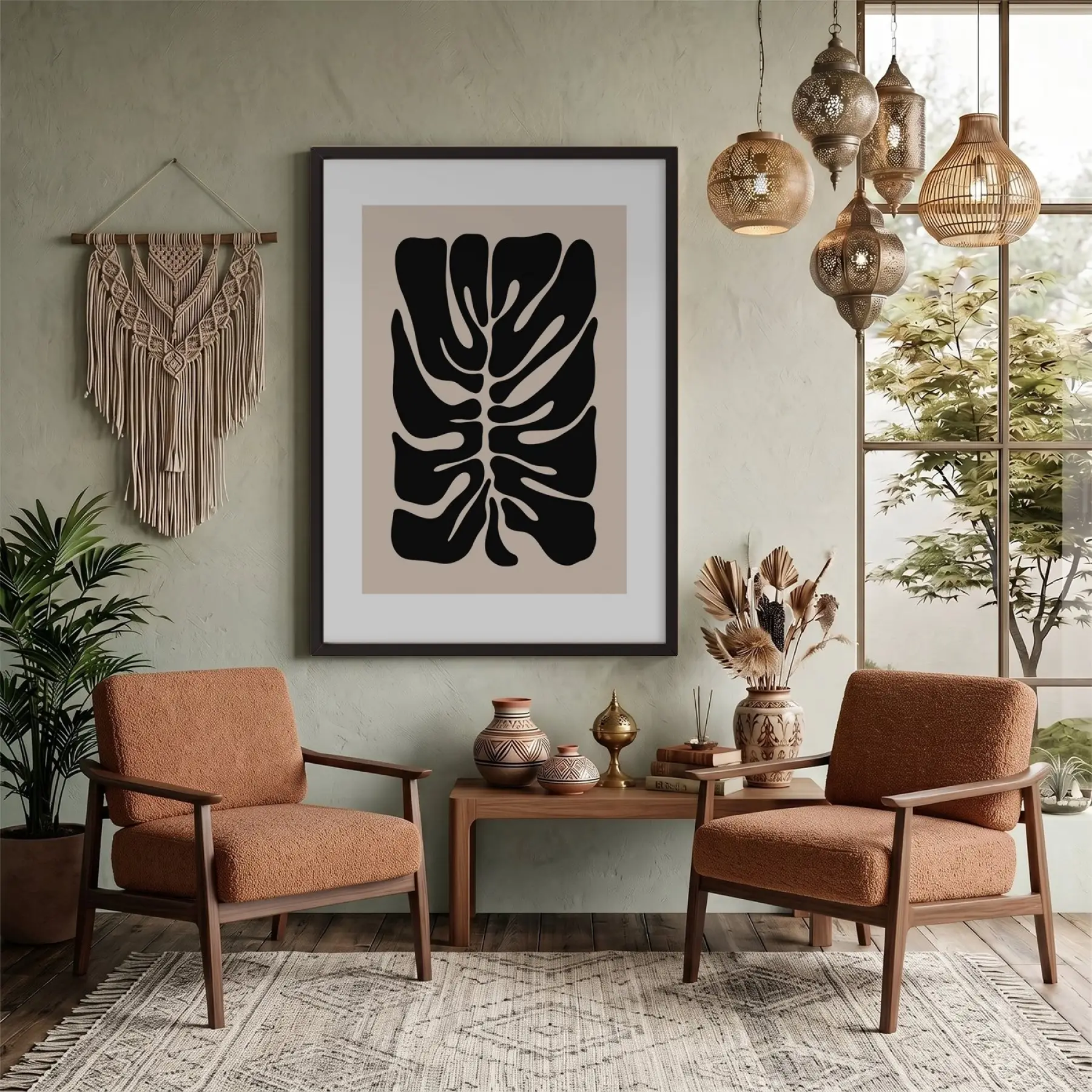Modern Yaprak Formu Siyah Ahşap Çerçeveli Tablo Odası Duvar Dekoru Poster Obje Ev