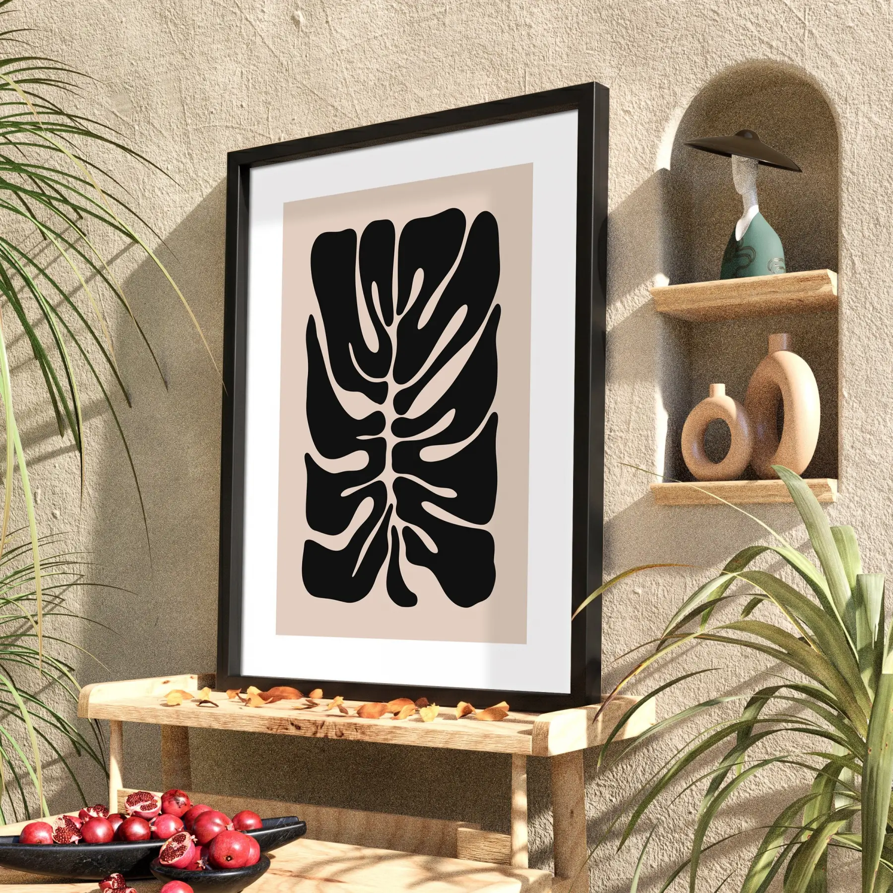 Modern Yaprak Formu Siyah Ahşap Çerçeveli Tablo Odası Duvar Dekoru Poster Obje Ev