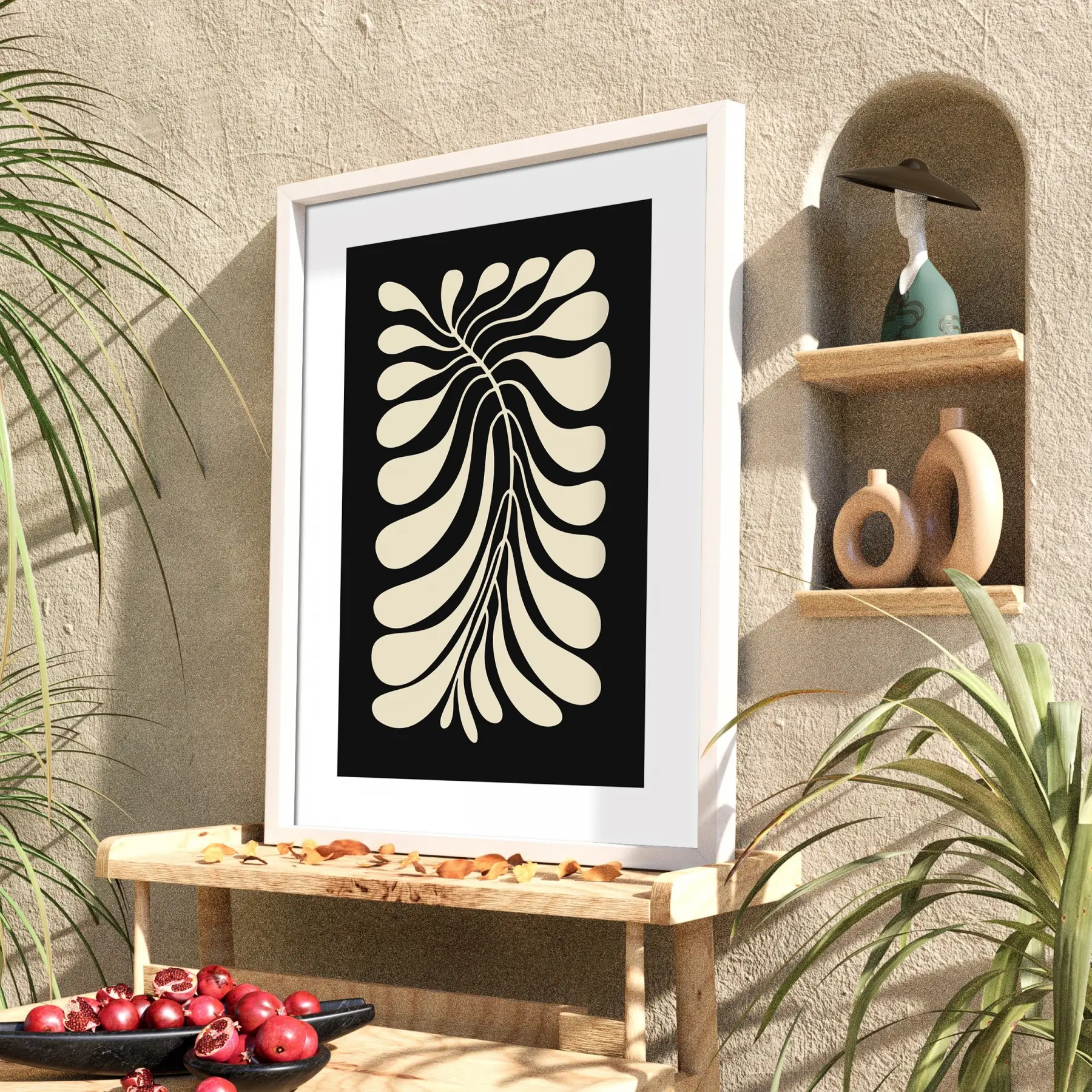 Organik Dal Formu Beyaz Ahşap Çerçeveli Tablo Modern Sanat İç Mekan Yatak Koridor
