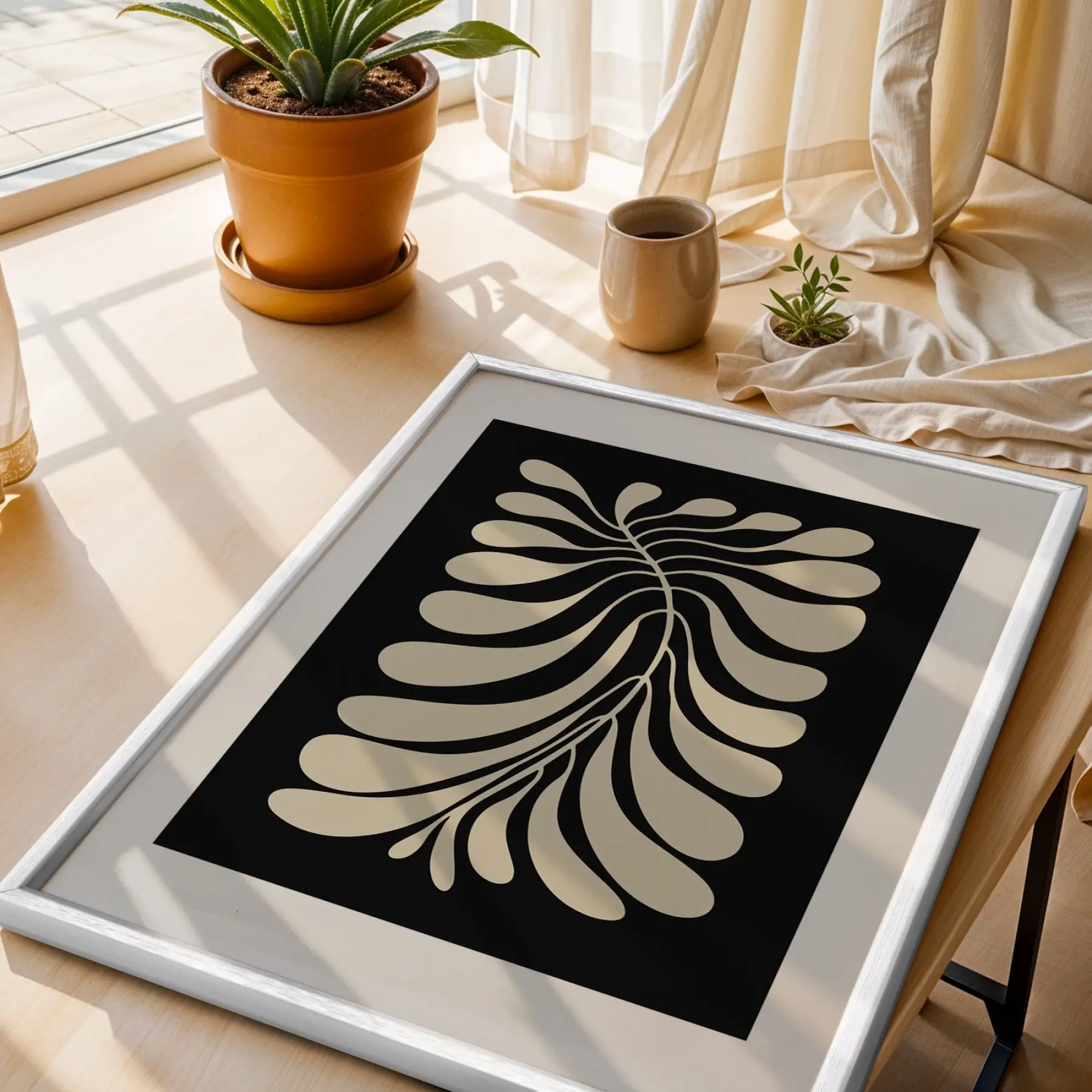 Organik Dal Formu Beyaz Ahşap Çerçeveli Tablo Modern Sanat İç Mekan Yatak Koridor