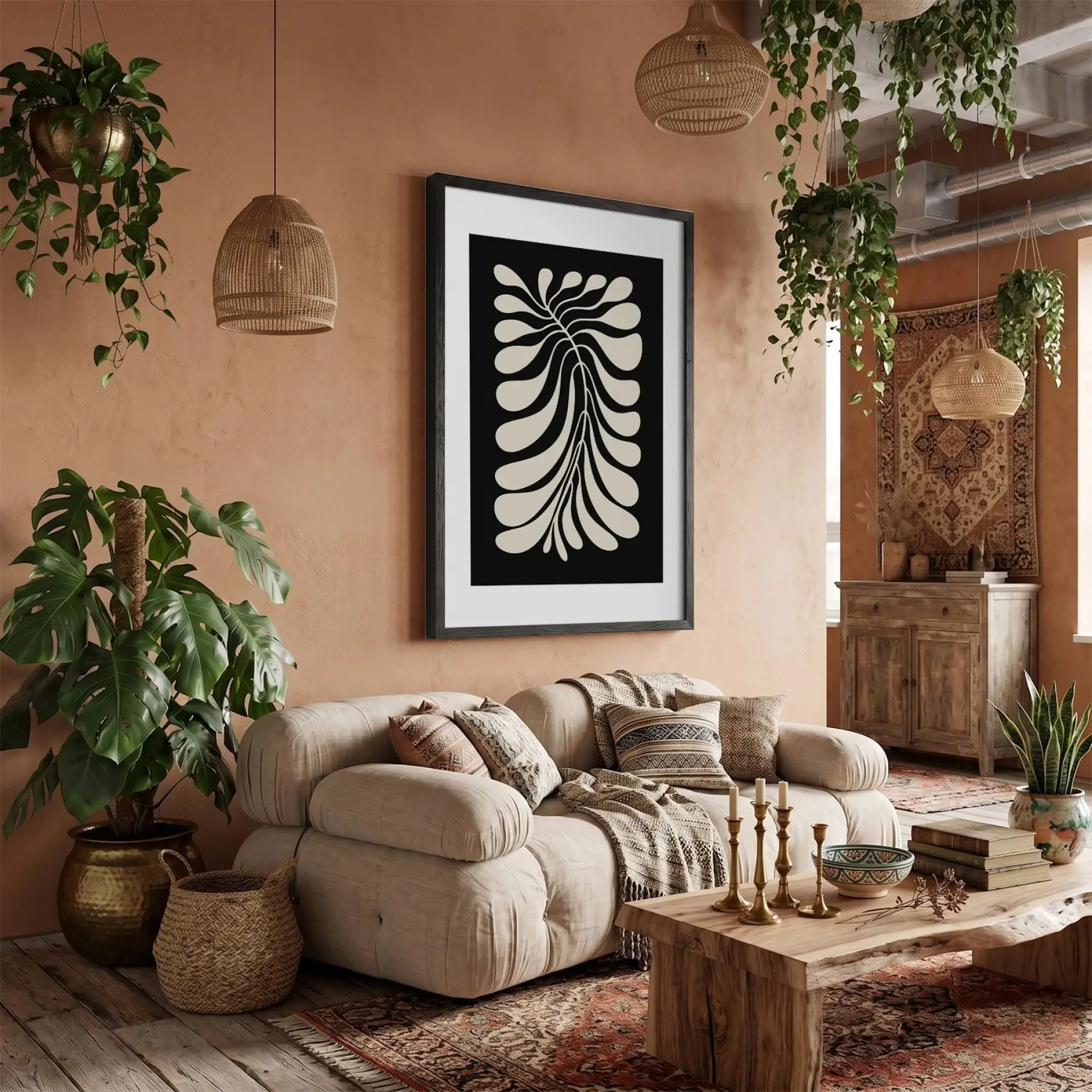 Organik Dal Formu Siyah Ahşap Çerçeveli Tablo Dekoru Poster Obje Ev Aksesuarları Modern