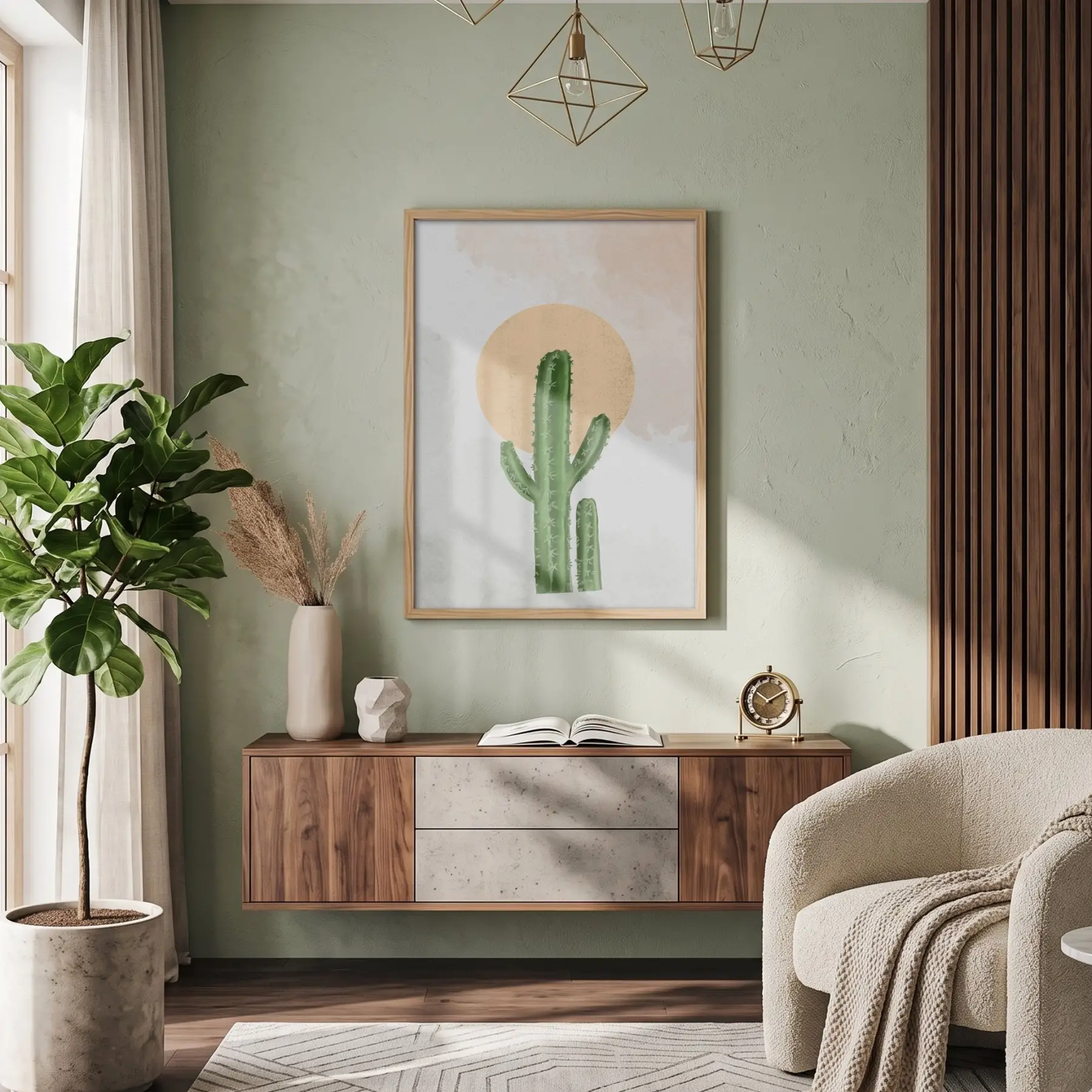 Minimalist Kaktüs Güneş Doğal Ahşap Çerçeveli Tablo Aksesuarları Modern Sanat İç Mekan Yatak