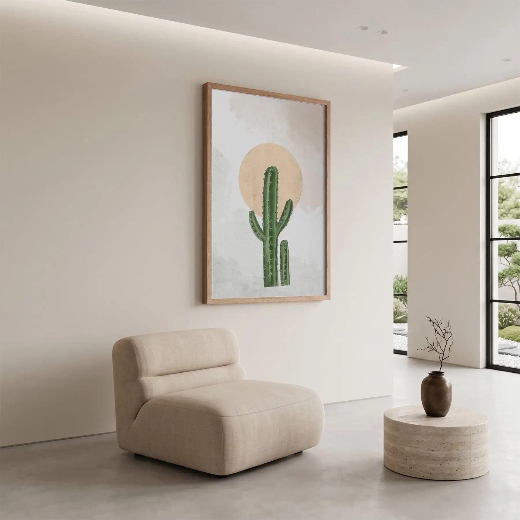 Minimalist Kaktüs Güneş Doğal Ahşap Çerçeveli Tablo Aksesuarları Modern Sanat İç Mekan Yatak