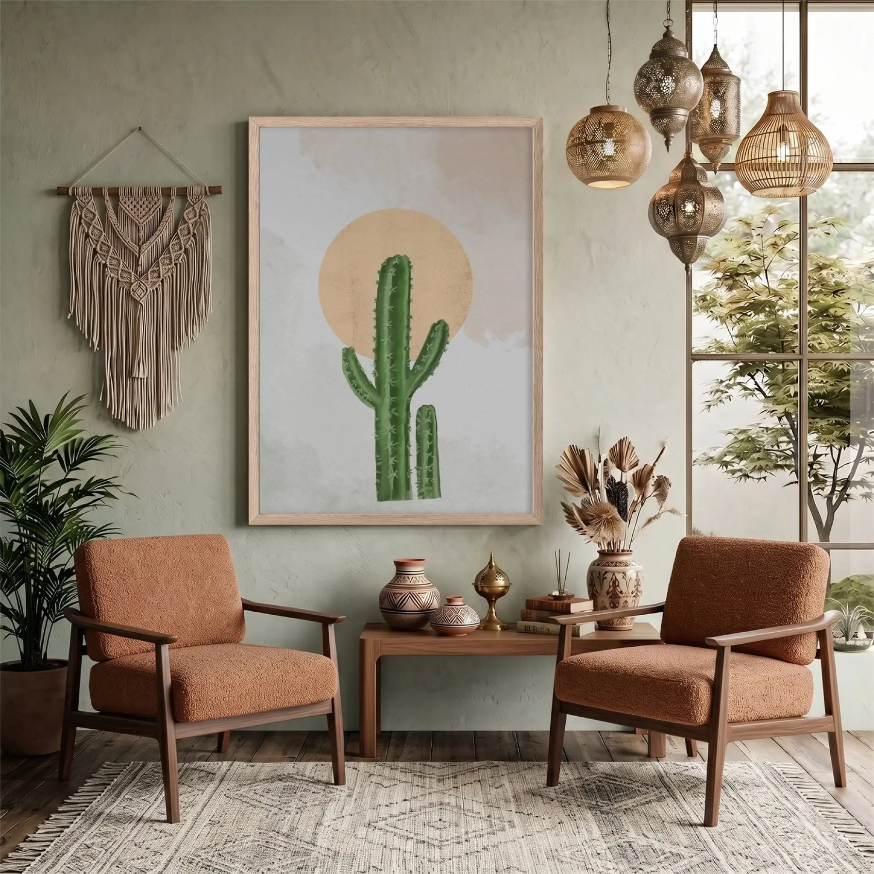 Minimalist Kaktüs Güneş Doğal Ahşap Çerçeveli Tablo Aksesuarları Modern Sanat İç Mekan Yatak