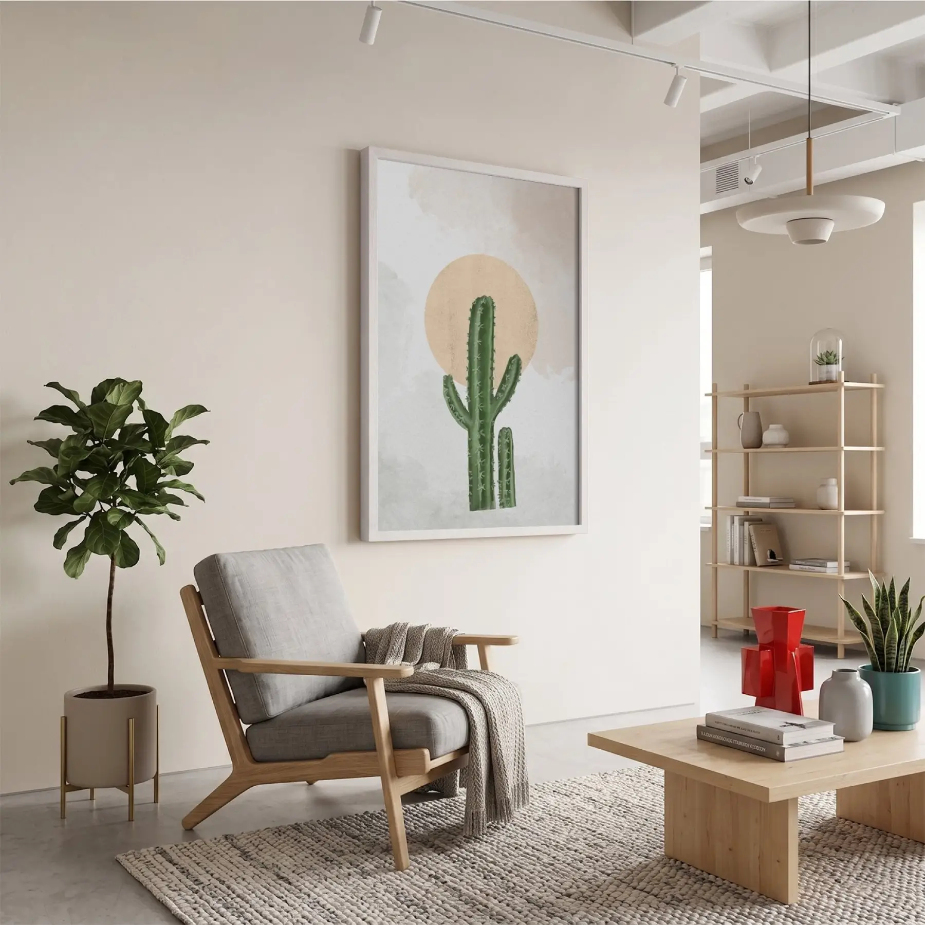 Minimalist Kaktüs Güneş Beyaz Ahşap Çerçeveli Tablo Görünümlü Salon Oturma Odası Duvar Dekoru