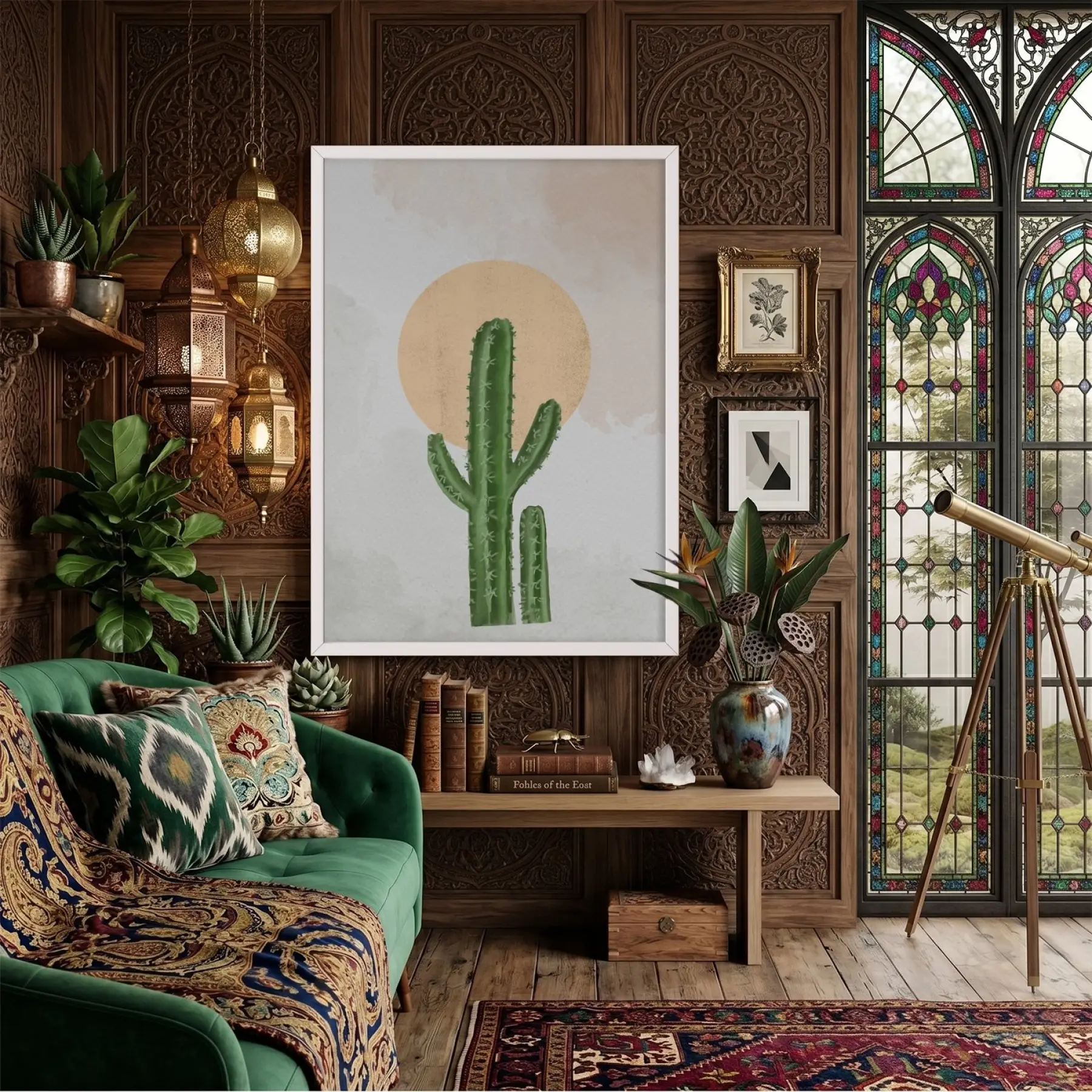 Minimalist Kaktüs Güneş Beyaz Ahşap Çerçeveli Tablo Görünümlü Salon Oturma Odası Duvar Dekoru