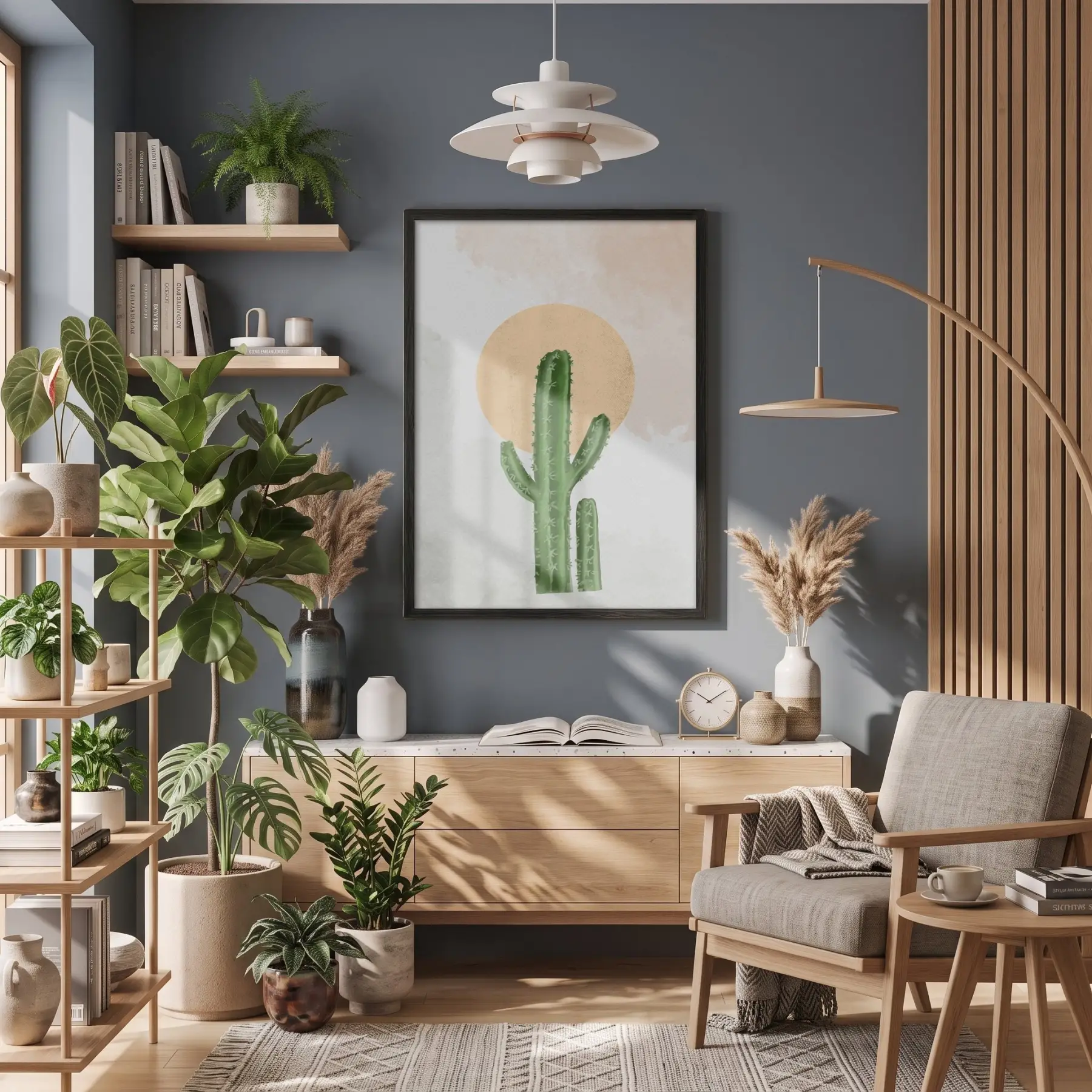 Minimalist Kaktüs Güneş Siyah Ahşap Çerçeveli Tablo Dekorasyonu Poster Obje Ev Aksesuarları Modern