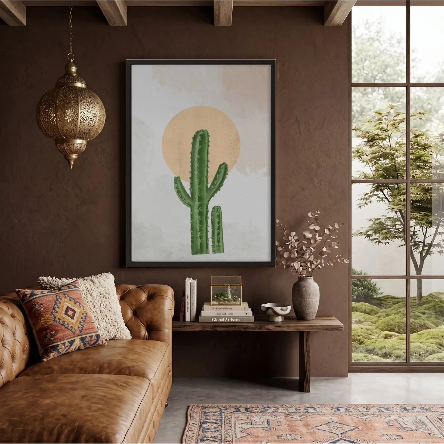 Minimalist Kaktüs Güneş Siyah Ahşap Çerçeveli Tablo Dekorasyonu Poster Obje Ev Aksesuarları Modern