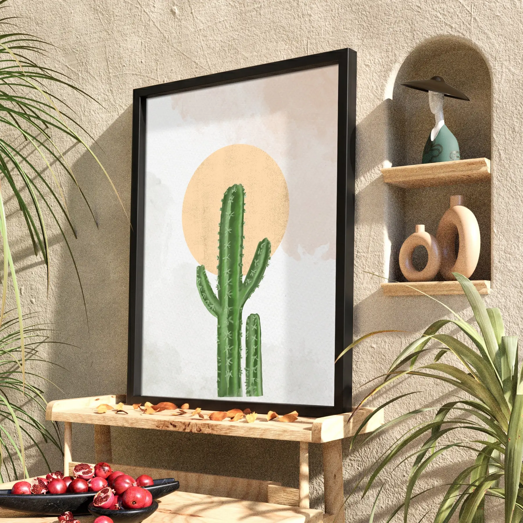 Minimalist Kaktüs Güneş Siyah Ahşap Çerçeveli Tablo Dekorasyonu Poster Obje Ev Aksesuarları Modern