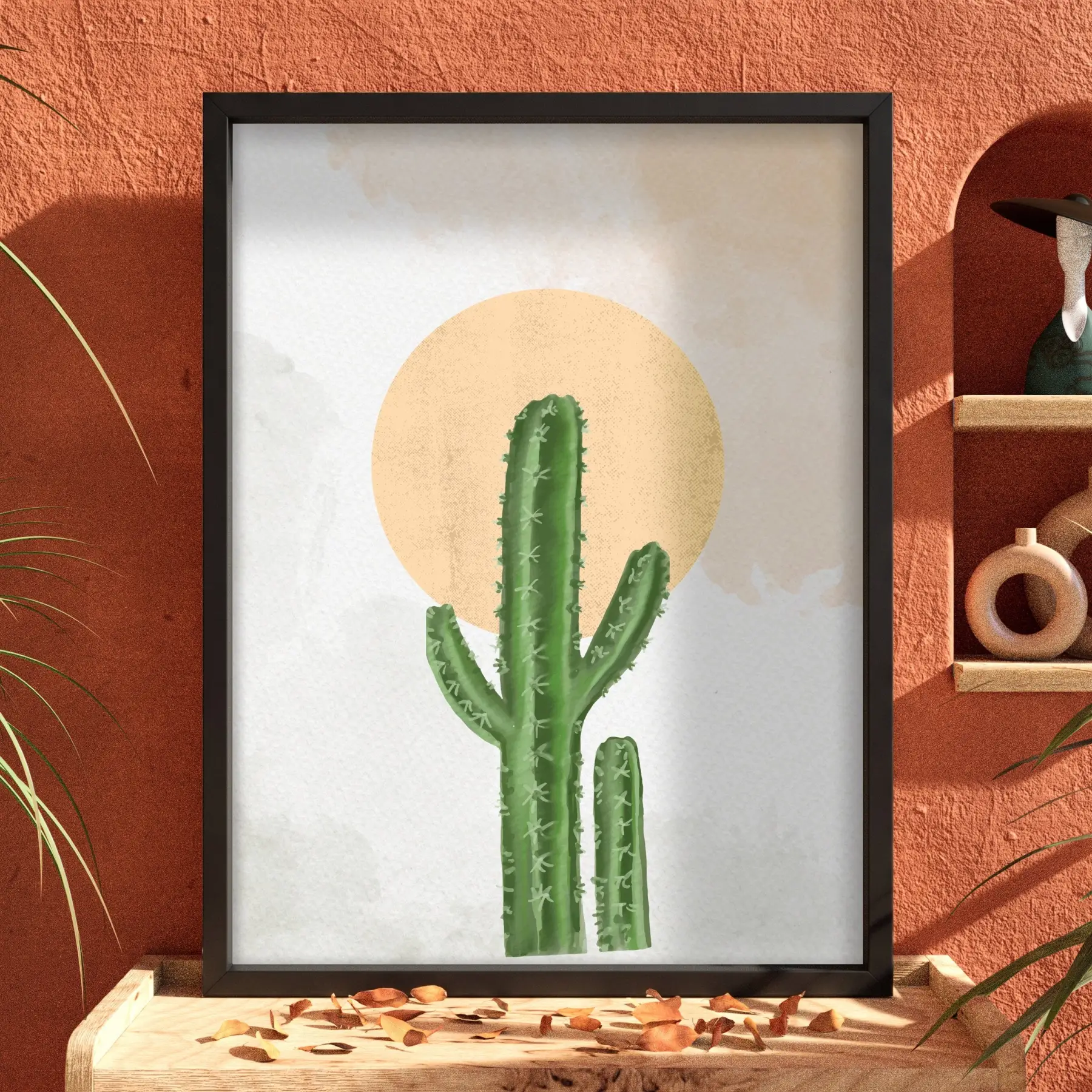 Minimalist Kaktüs Güneş Siyah Ahşap Çerçeveli Tablo Dekorasyonu Poster Obje Ev Aksesuarları Modern