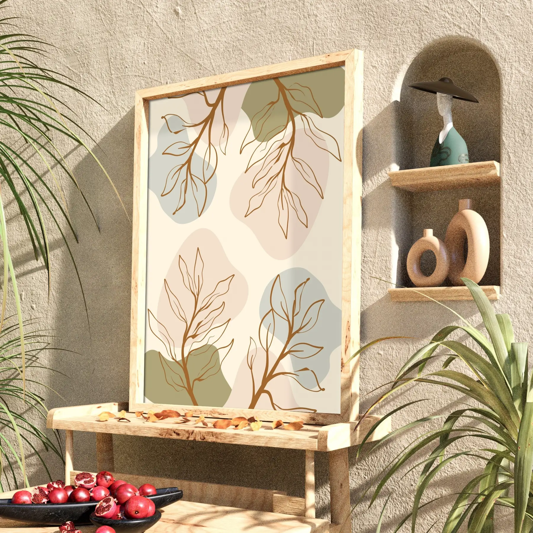 Pastel Botanik Soyut Doğal Ahşap Çerçeveli Tablo Bohem Dekoru Poster Obje Ev Aksesuarları