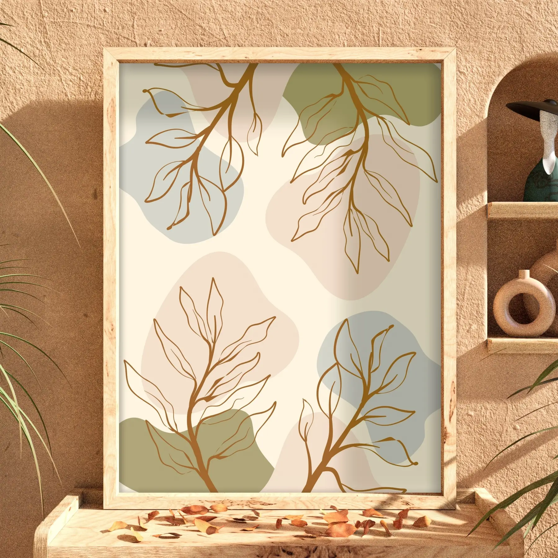 Pastel Botanik Soyut Doğal Ahşap Çerçeveli Tablo Bohem Dekoru Poster Obje Ev Aksesuarları