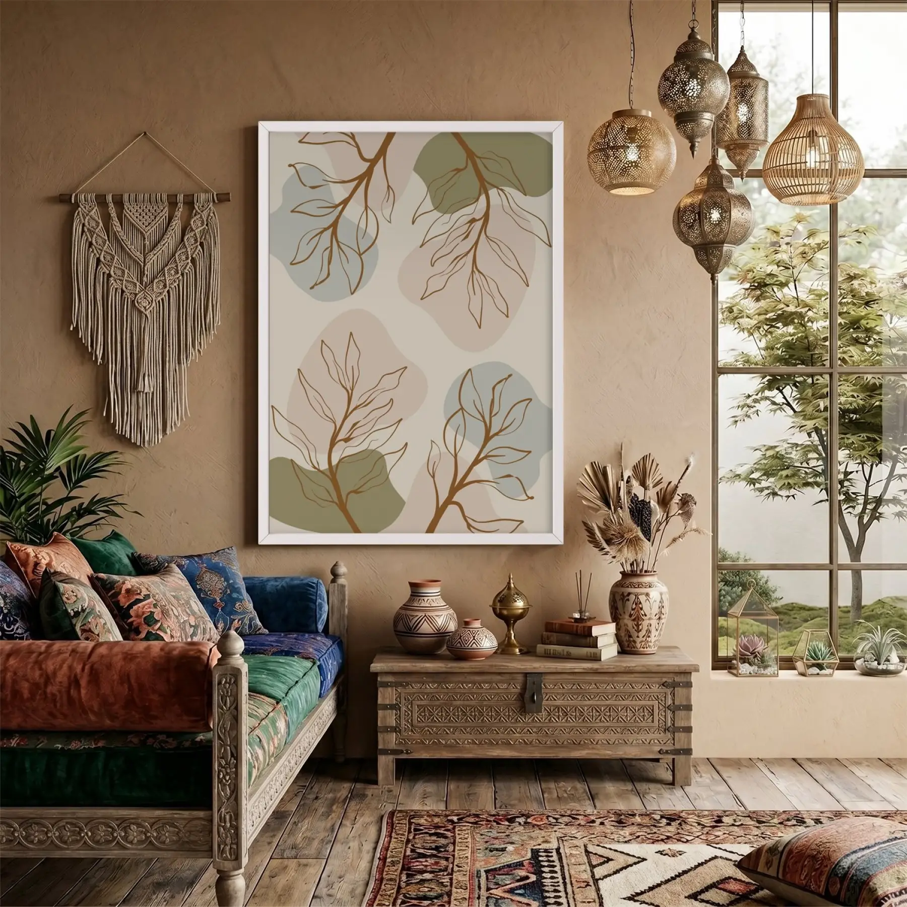 Pastel Botanik Soyut Beyaz Ahşap Çerçeveli Tablo Bohem Odası Duvar Dekoru Poster Obje