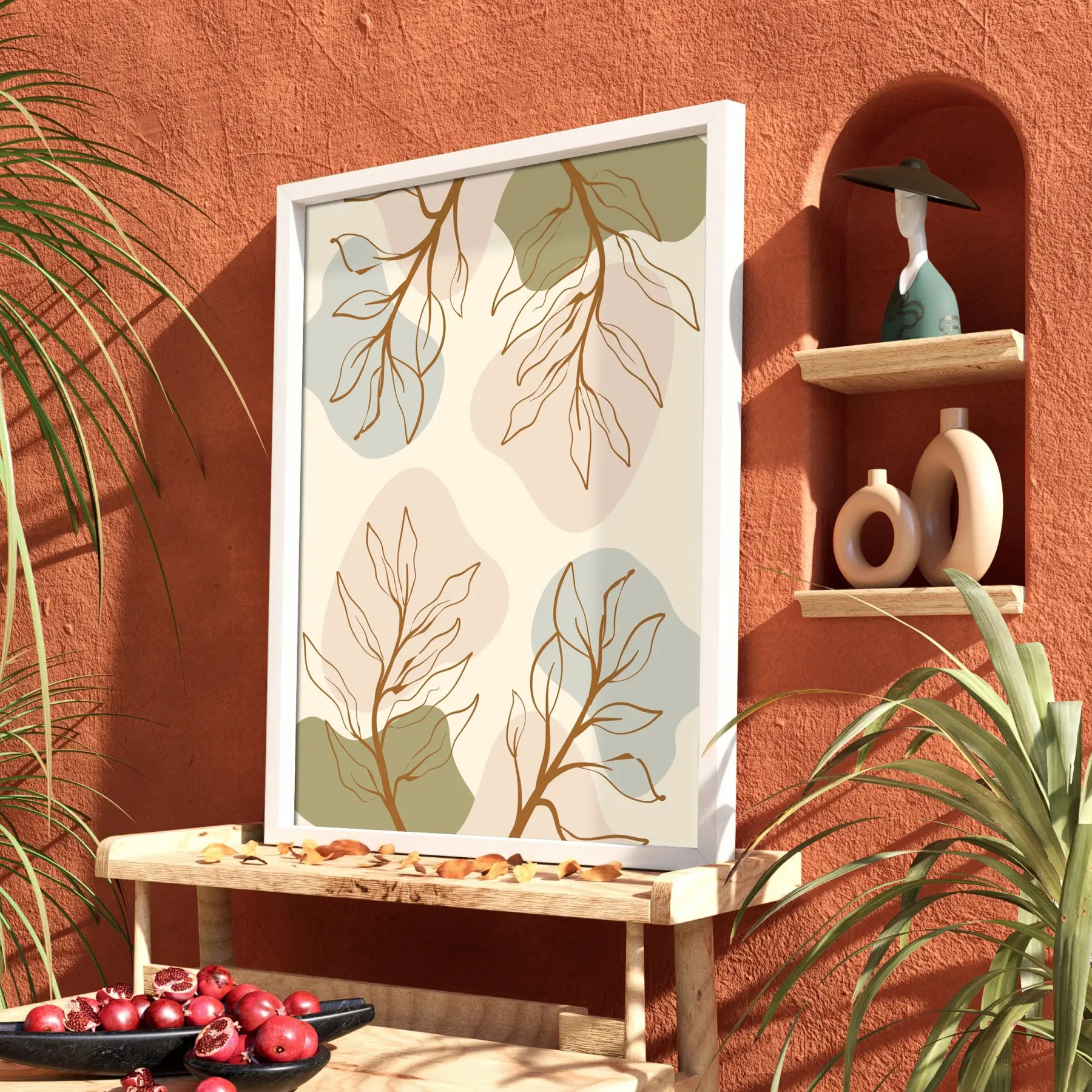 Pastel Botanik Soyut Beyaz Ahşap Çerçeveli Tablo Bohem Odası Duvar Dekoru Poster Obje