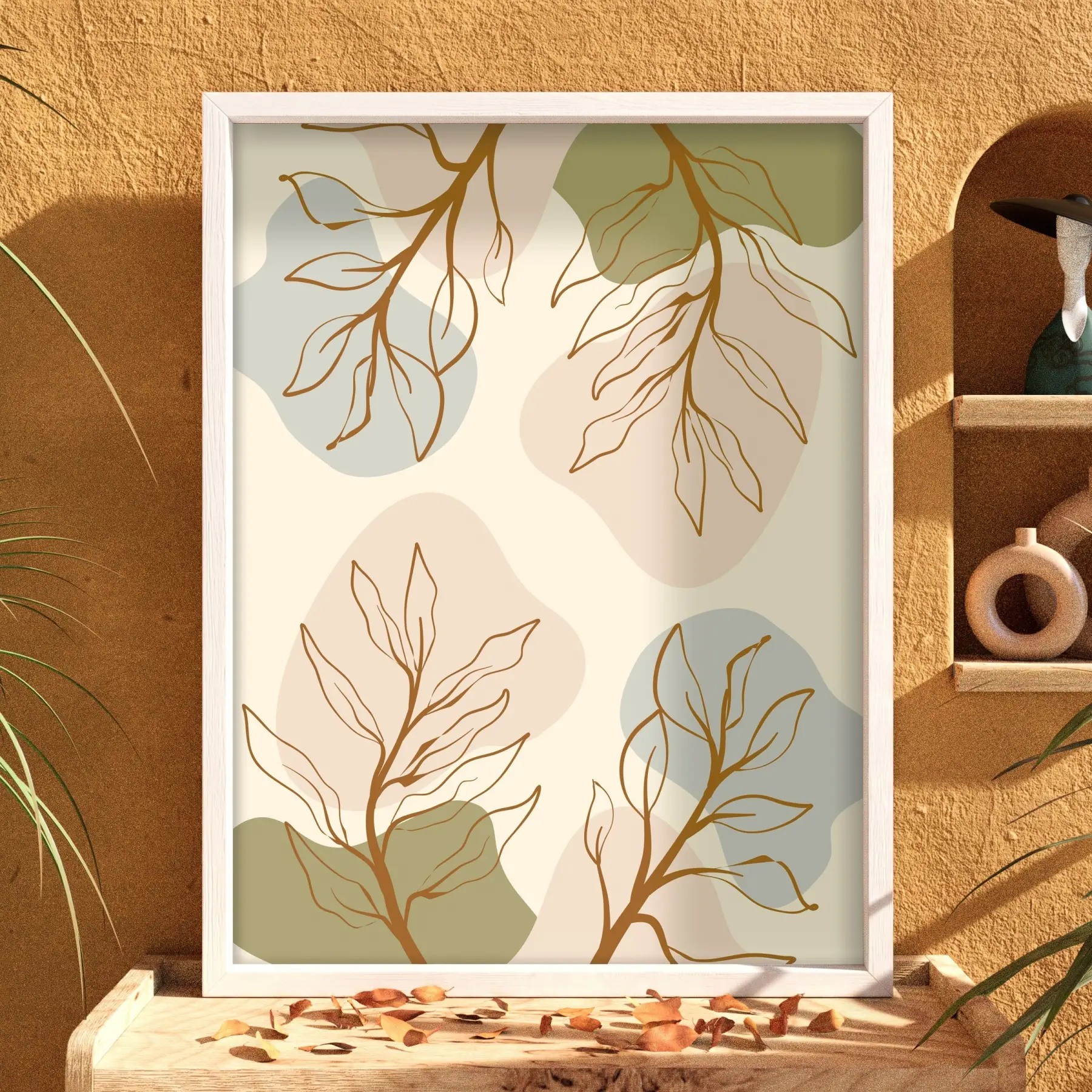 Pastel Botanik Soyut Beyaz Ahşap Çerçeveli Tablo Bohem Odası Duvar Dekoru Poster Obje