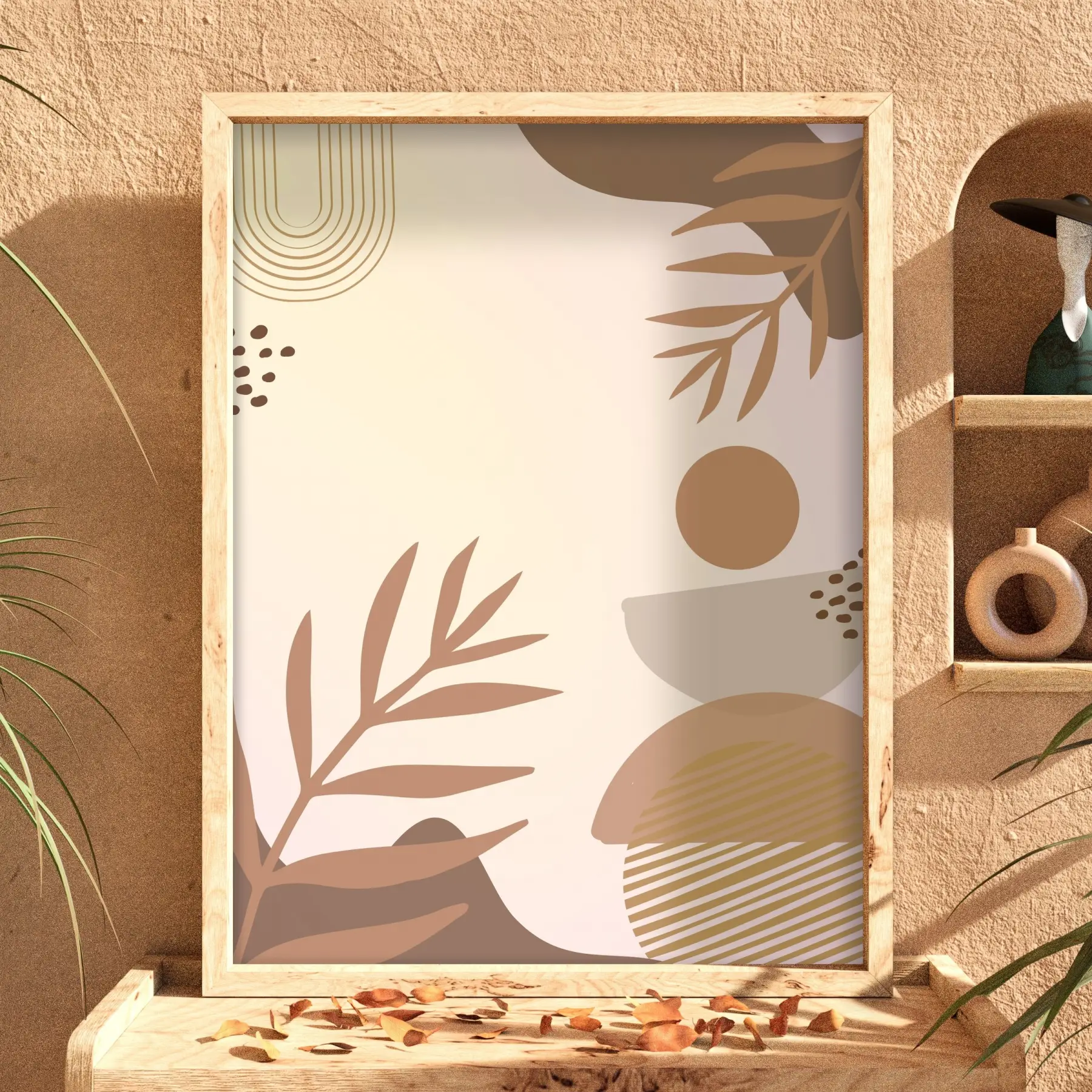 Bej Tonlu Soyut Formlar Doğal Ahşap Çerçeveli Tablo Odası Duvar Dekoru Poster Obje