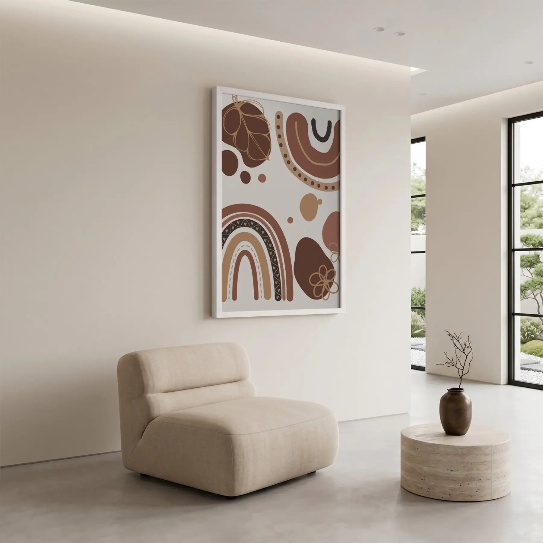 Bohem Toprak Gökkuşağı Beyaz Ahşap Çerçeveli Tablo Modern Sanat İç Mekan Yatak Koridor