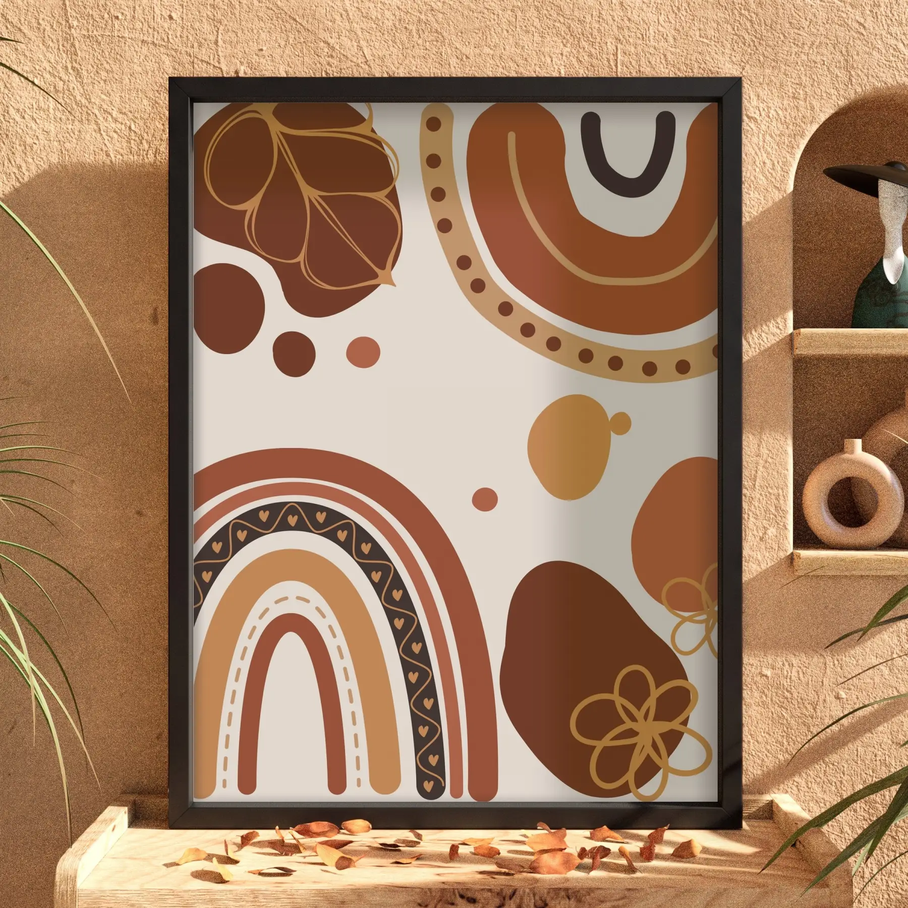 Bohem Toprak Gökkuşağı Siyah Ahşap Çerçeveli Tablo Dekorasyonu Poster Obje Ev Aksesuarları Modern