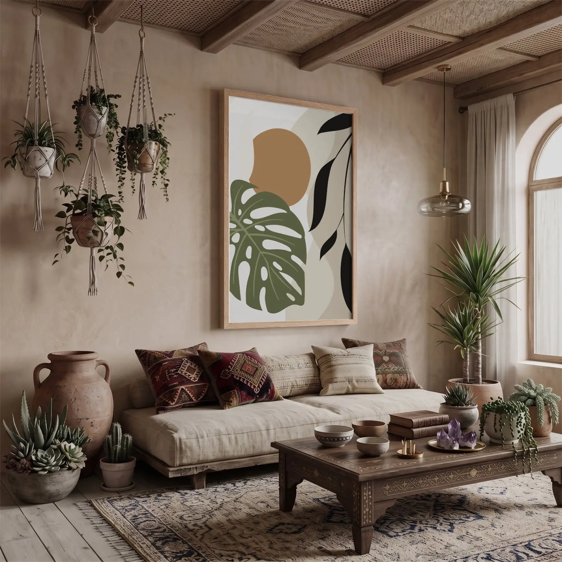 Monstera Soyut Yapraklar Doğal Ahşap Çerçeveli Tablo Duvar Dekoru Poster Obje Ev Aksesuarları