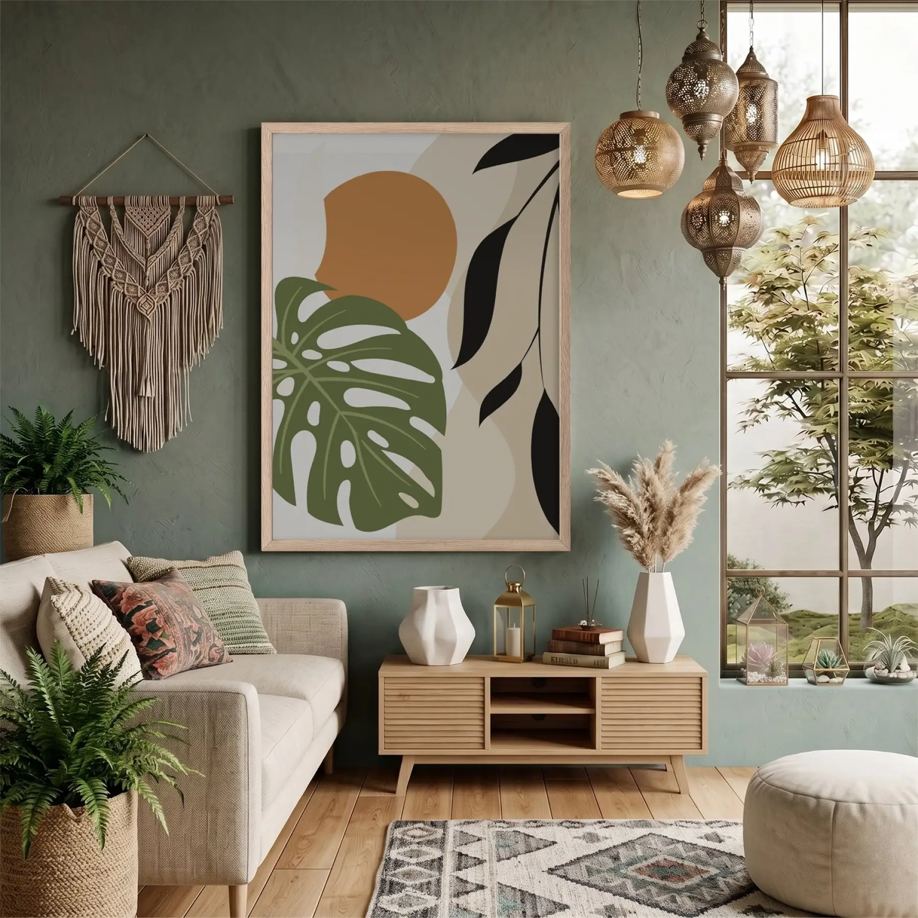 Monstera Soyut Yapraklar Doğal Ahşap Çerçeveli Tablo Duvar Dekoru Poster Obje Ev Aksesuarları