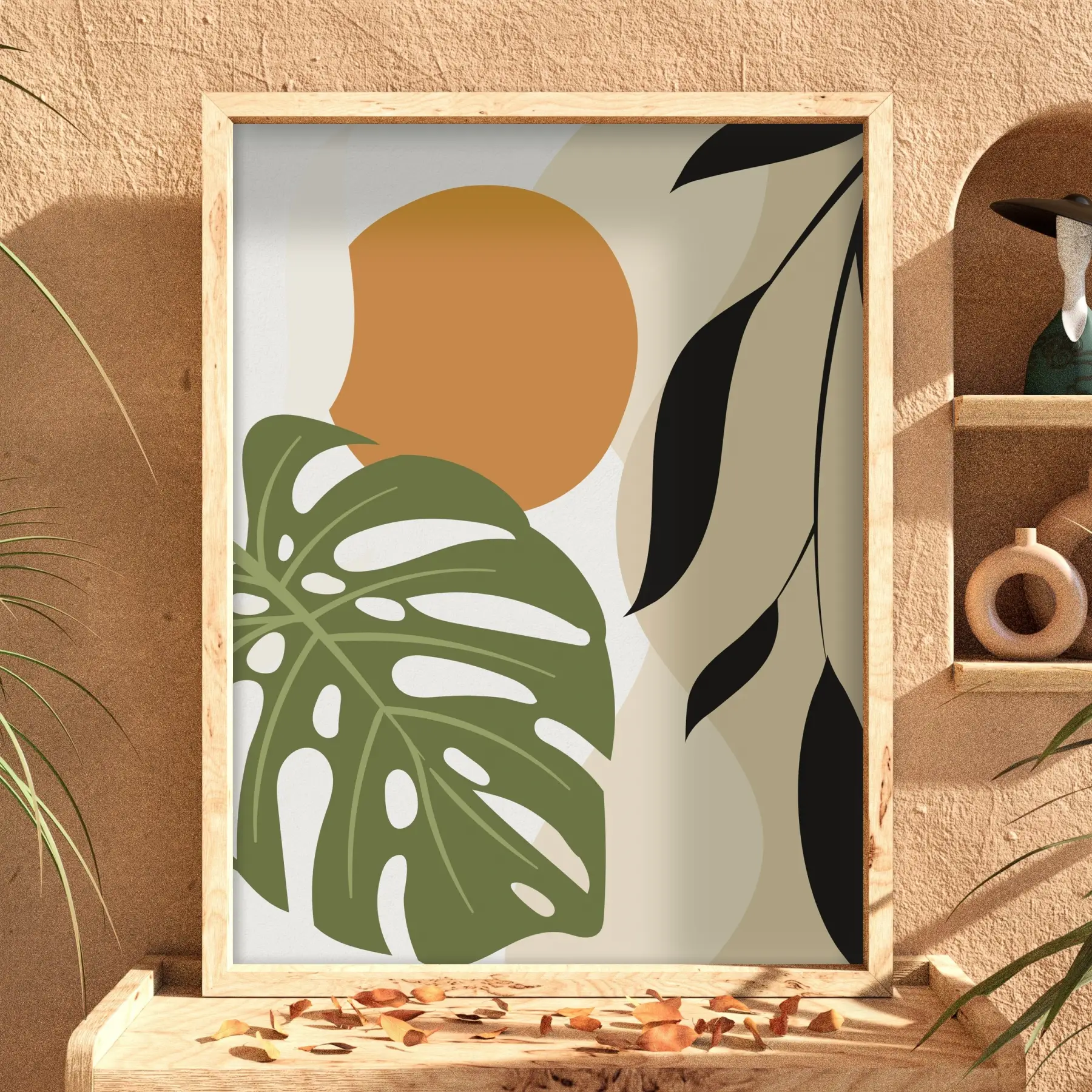 Monstera Soyut Yapraklar Doğal Ahşap Çerçeveli Tablo Duvar Dekoru Poster Obje Ev Aksesuarları